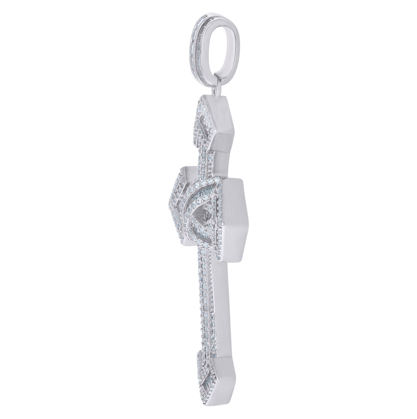 Sterling Silver Mens Baguette Round Cubic-Zirconia Cross Religious Charm Pendant
