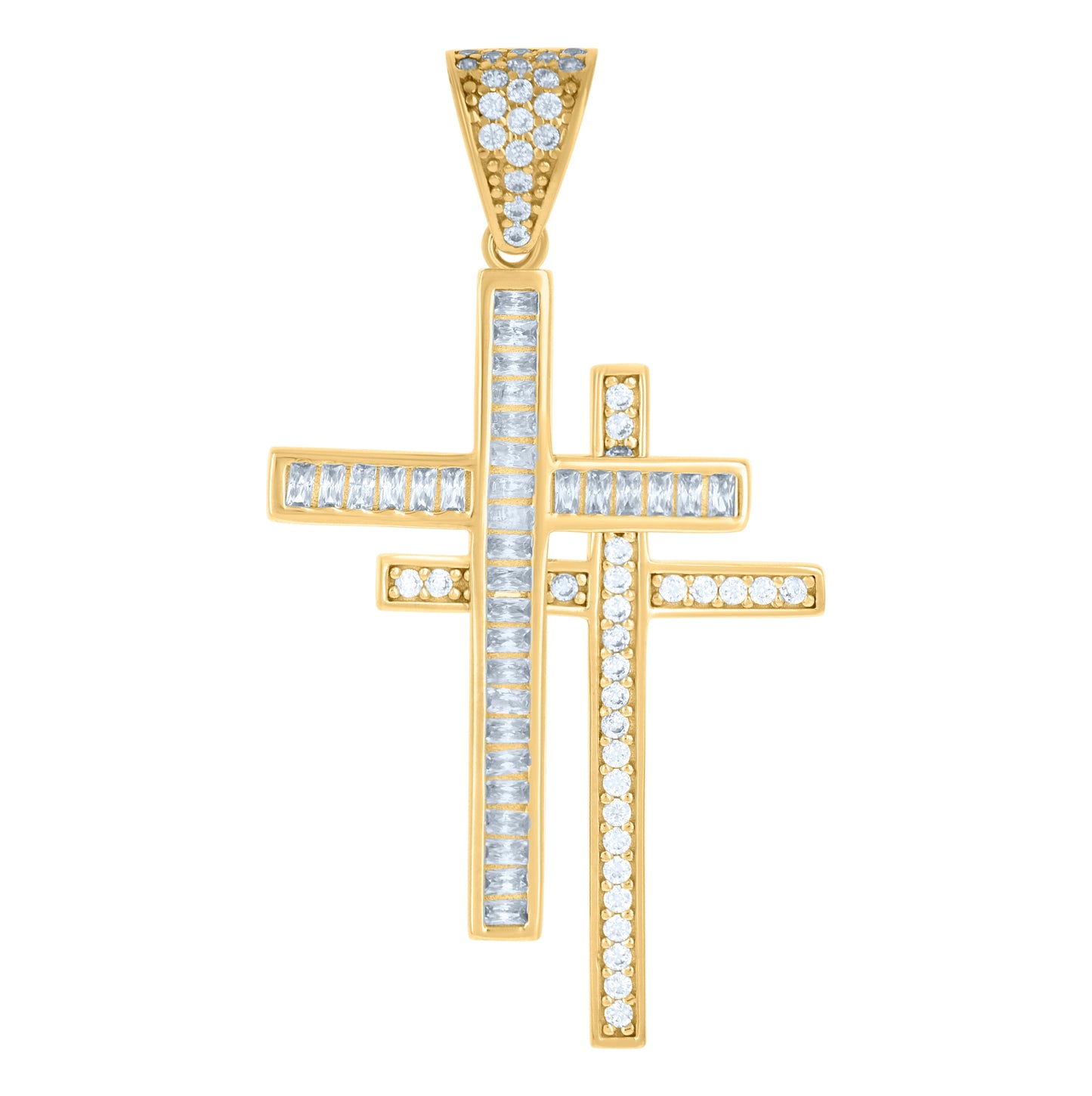 10K Yellow Gold Mens Cubic-Zirconia Double Cross Religious Charm Pendant