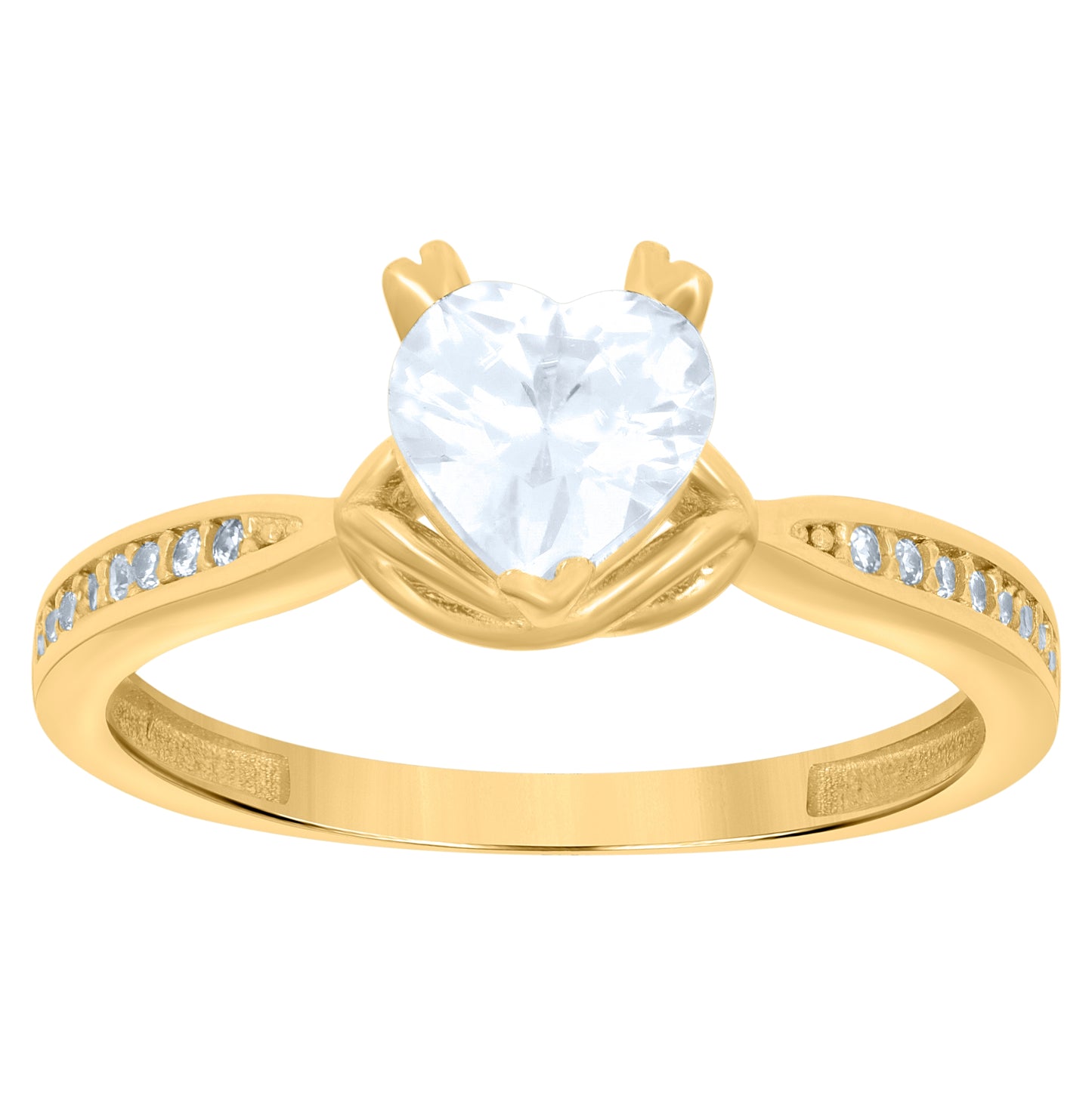 14K Yellow Gold Womens Heart Round Cubic-Zirconia Heart Engagement Ring