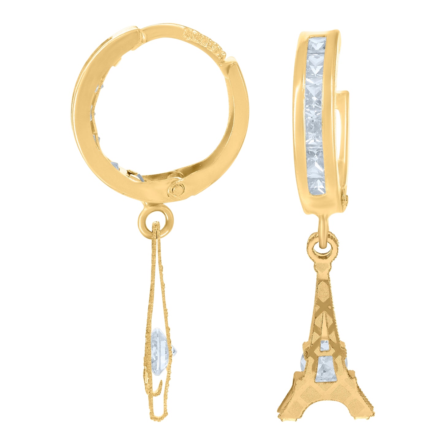 10K Yellow Gold Mens Cubic-Zirconia Eiffel Tower Dangle Hoop Earrings