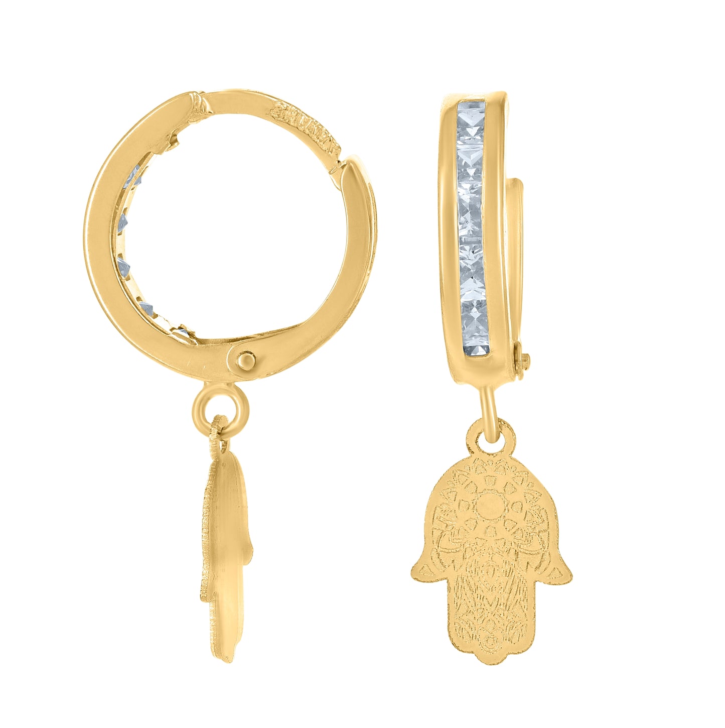10K Yellow Gold Mens Cubic-Zirconia Hamsa Dangle Hoop Earrings
