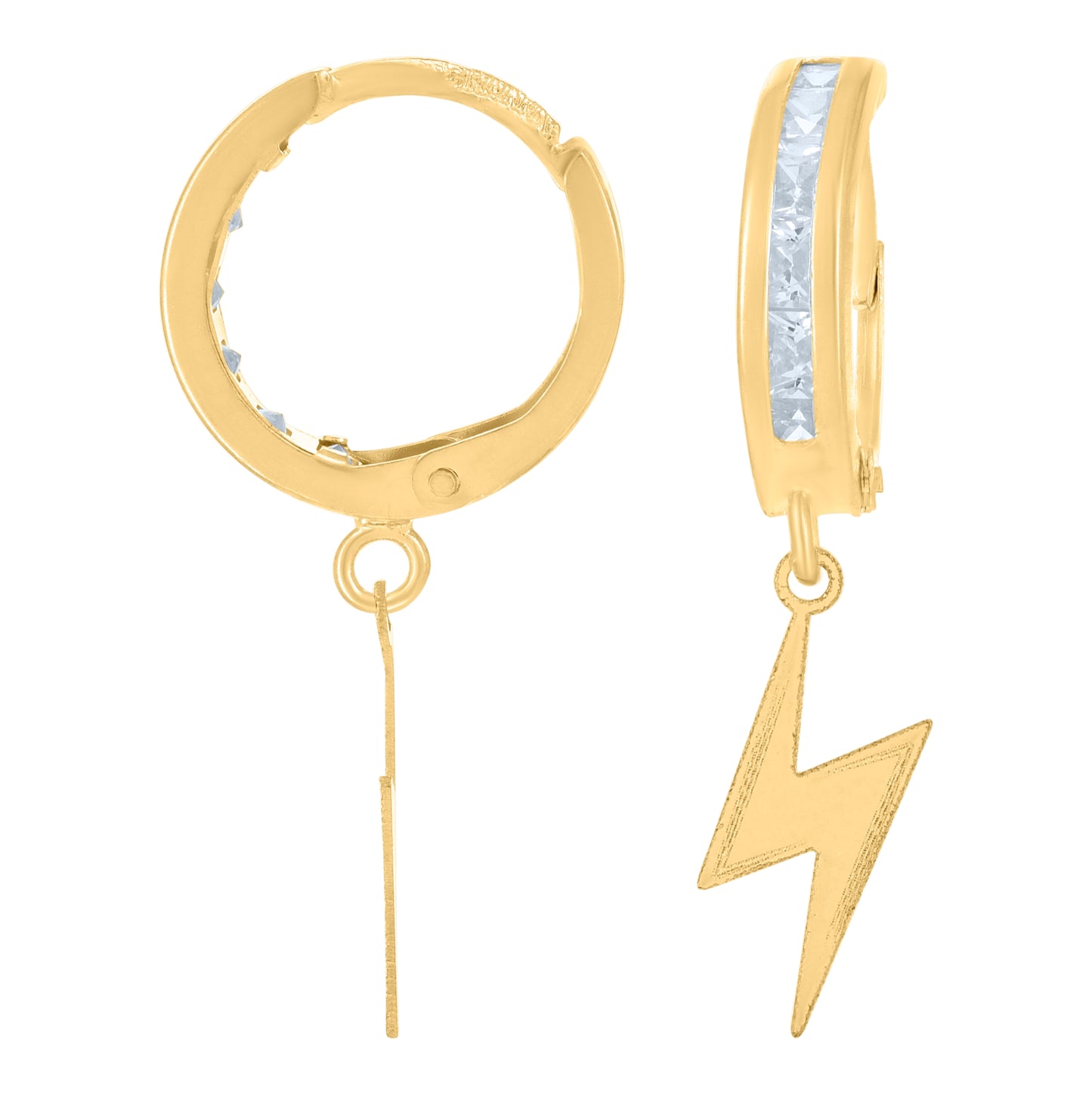 10K Yellow Gold Unisex Cubic-Zirconia Lighting Bolt Dangle Hoop Earrings