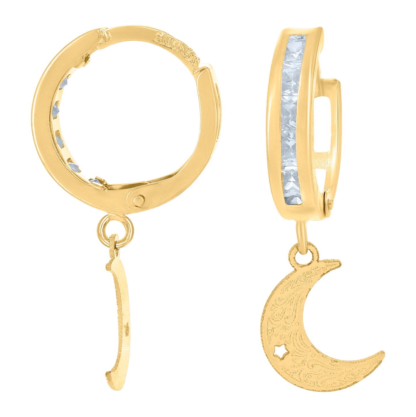 10K Yellow Gold Unisex Cubic-Zirconia Moon Dangle Hoop Earrings