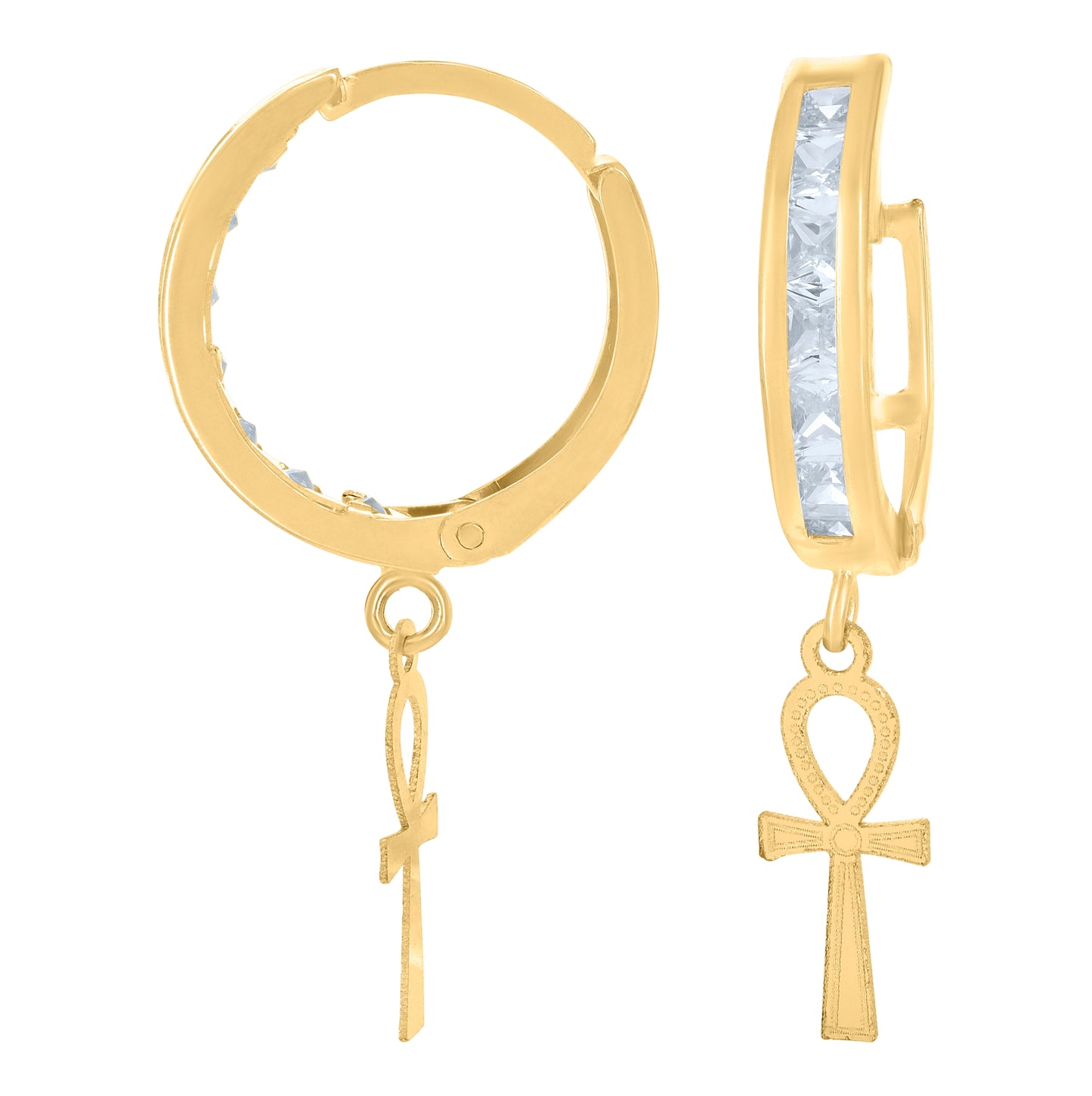 10K Yellow Gold Mens Cubic-Zirconia Ankh Cross Dangle Hoop Earrings