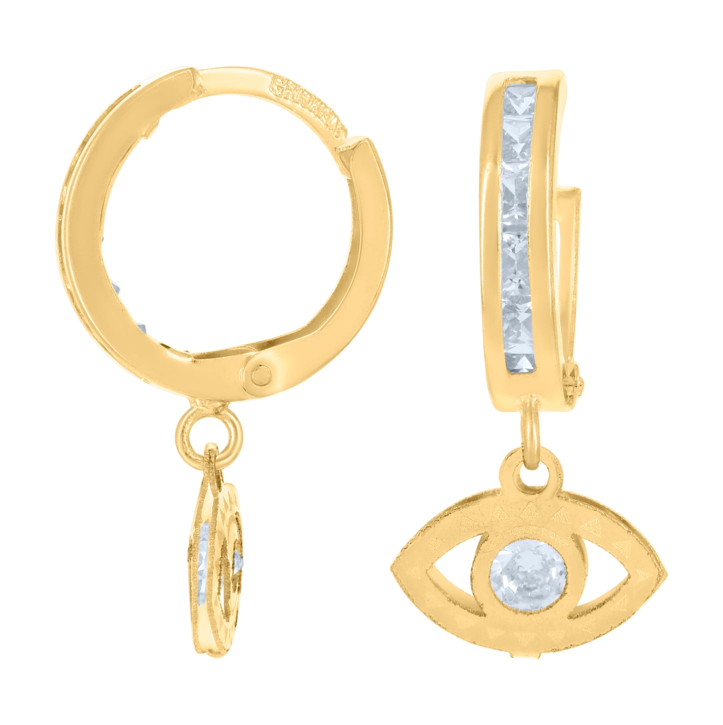 10K Yellow Gold Mens Cubic-Zirconia Evil Eye Dangle Hoop Earrings