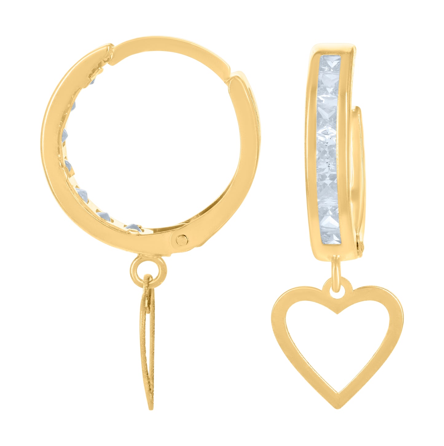 10K Yellow Gold Womens Cubic-Zirconia Heart Dangle Hoop Earrings