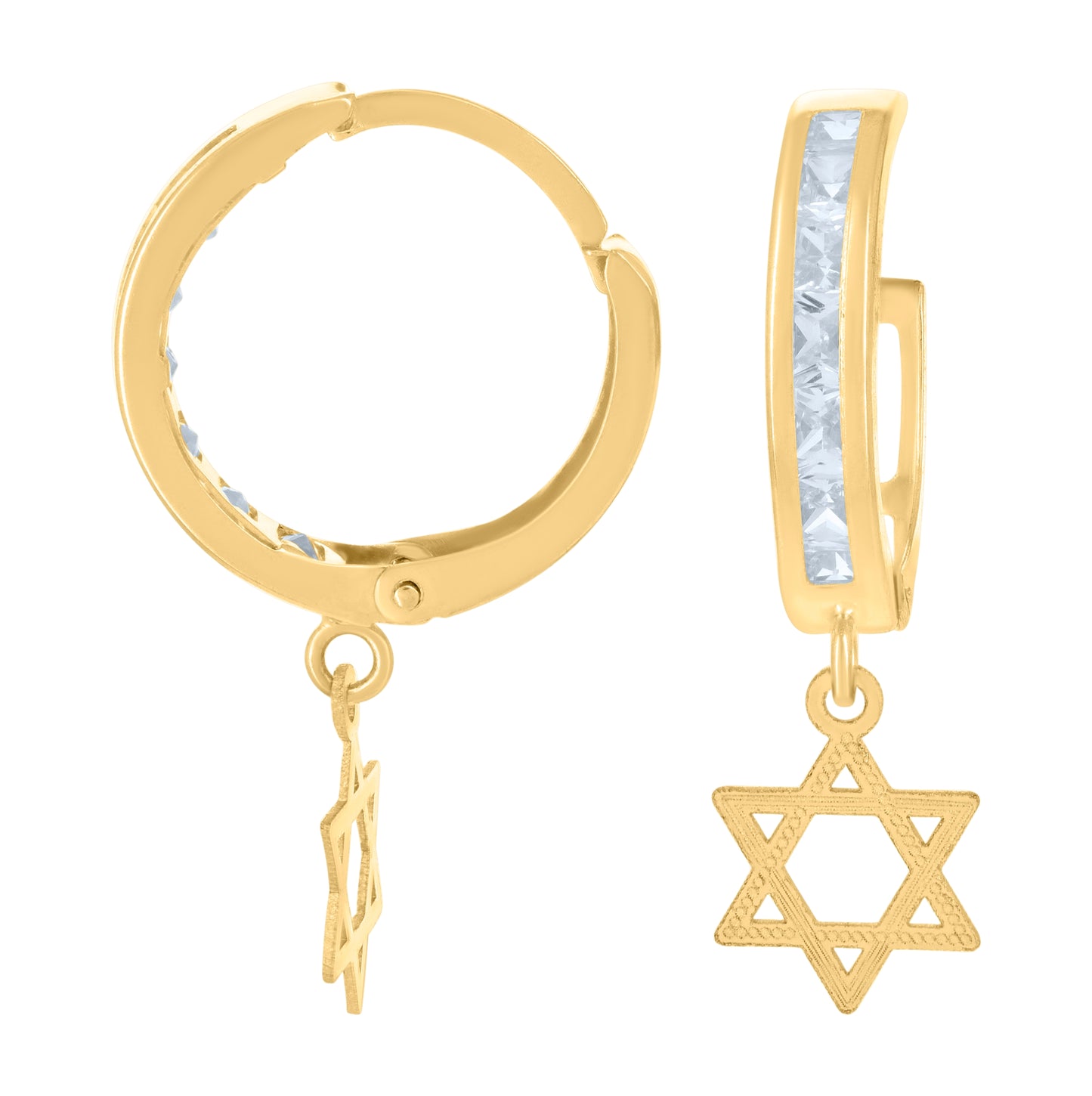 10K Yellow Gold Unisex Cubic-Zirconia Star Of David Dangle Hoop Earrings