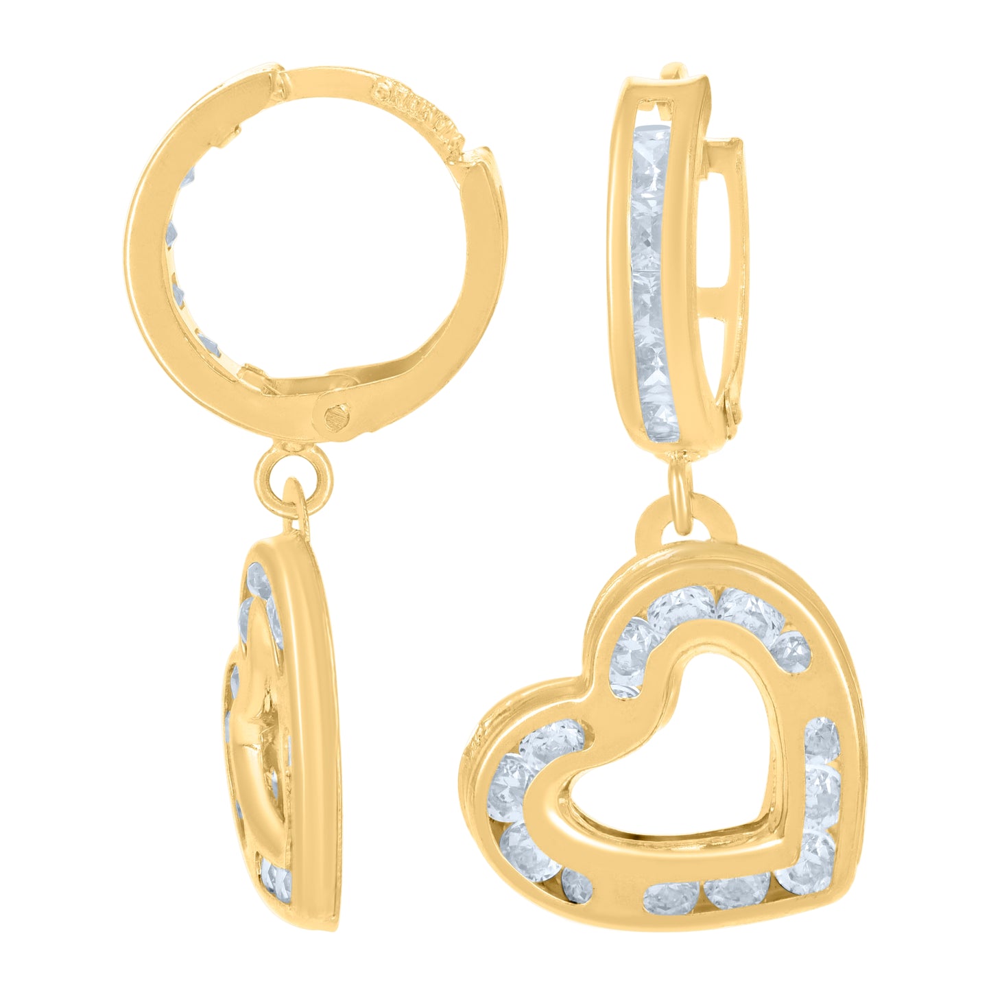 10K Yellow Gold Womens Cubic-Zirconia Heart Dangle Hoop Earrings