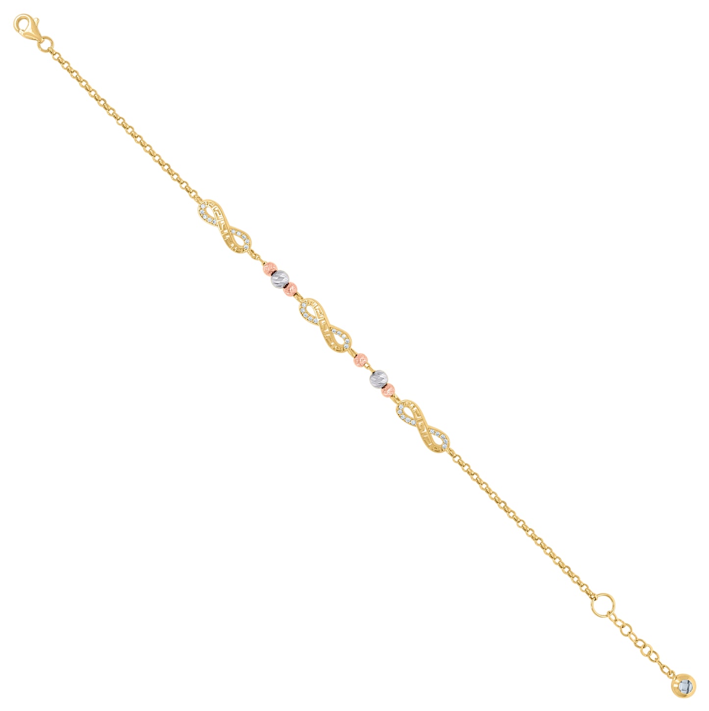 10K Tri-Color Gold Womens Cubic-Zirconia Infinity Charm Bracelet Size 8 Inches