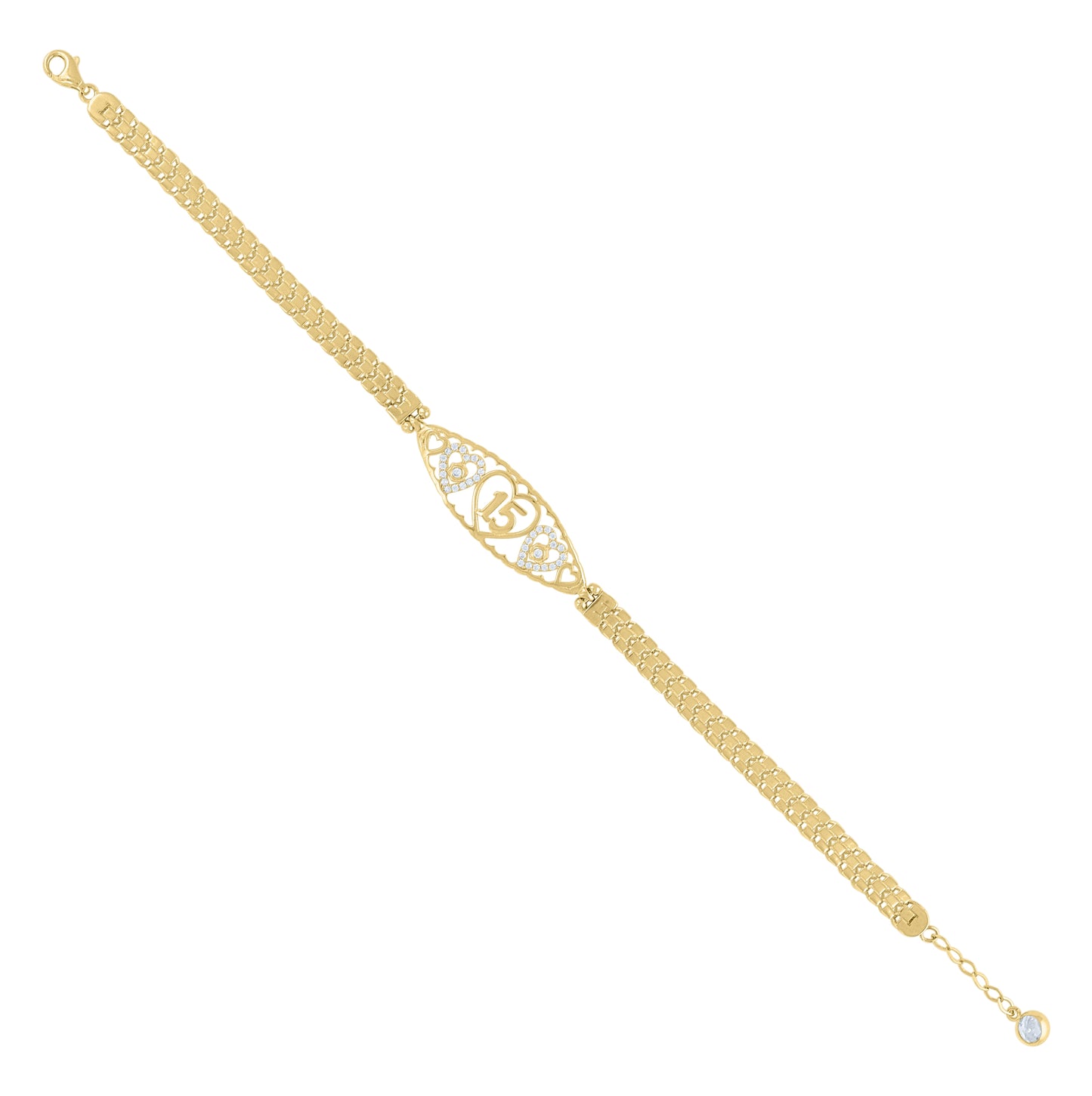 10K Yellow Gold Womens Cubic-Zirconia Heart 15 Anos Quinceanera Charm Bracelet Size 8 Inches