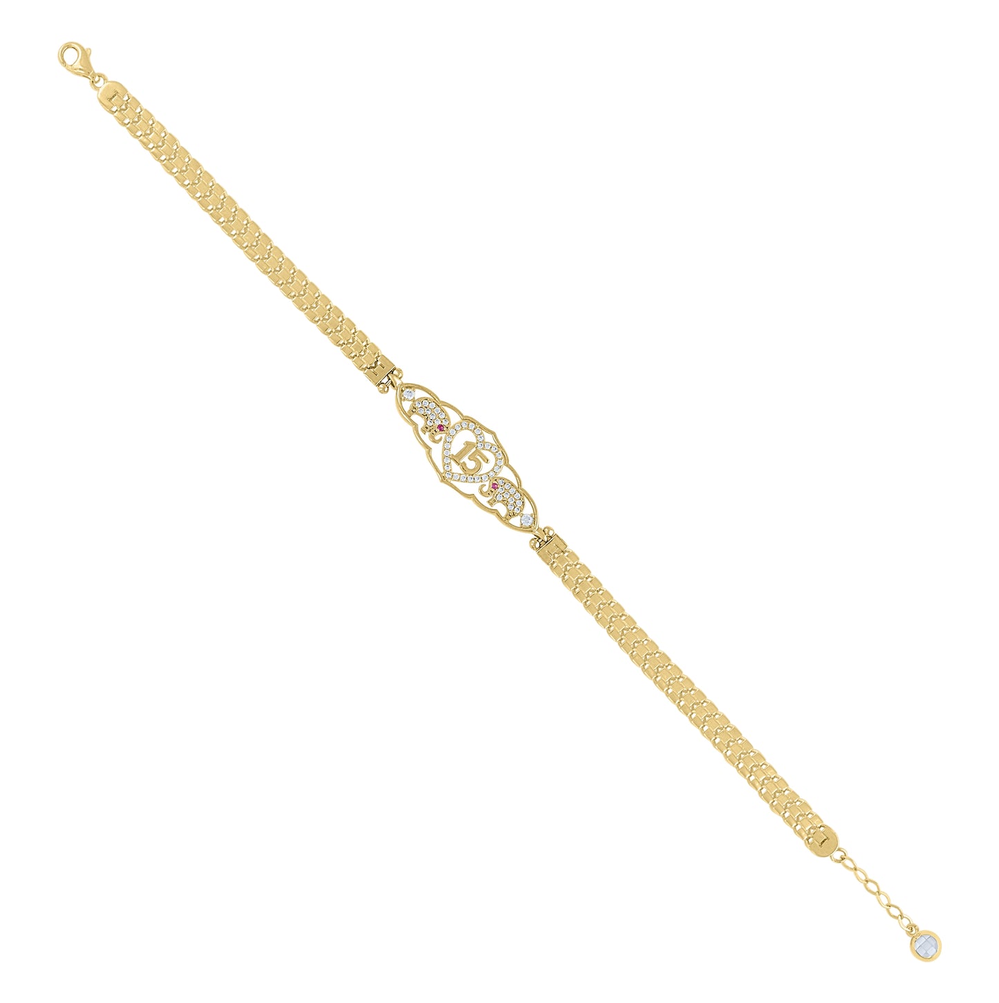 10K Yellow Gold Womens Red White Cubic-Zirconia Heart 15 Anos Quinceanera Bracelet Size 8 Inches