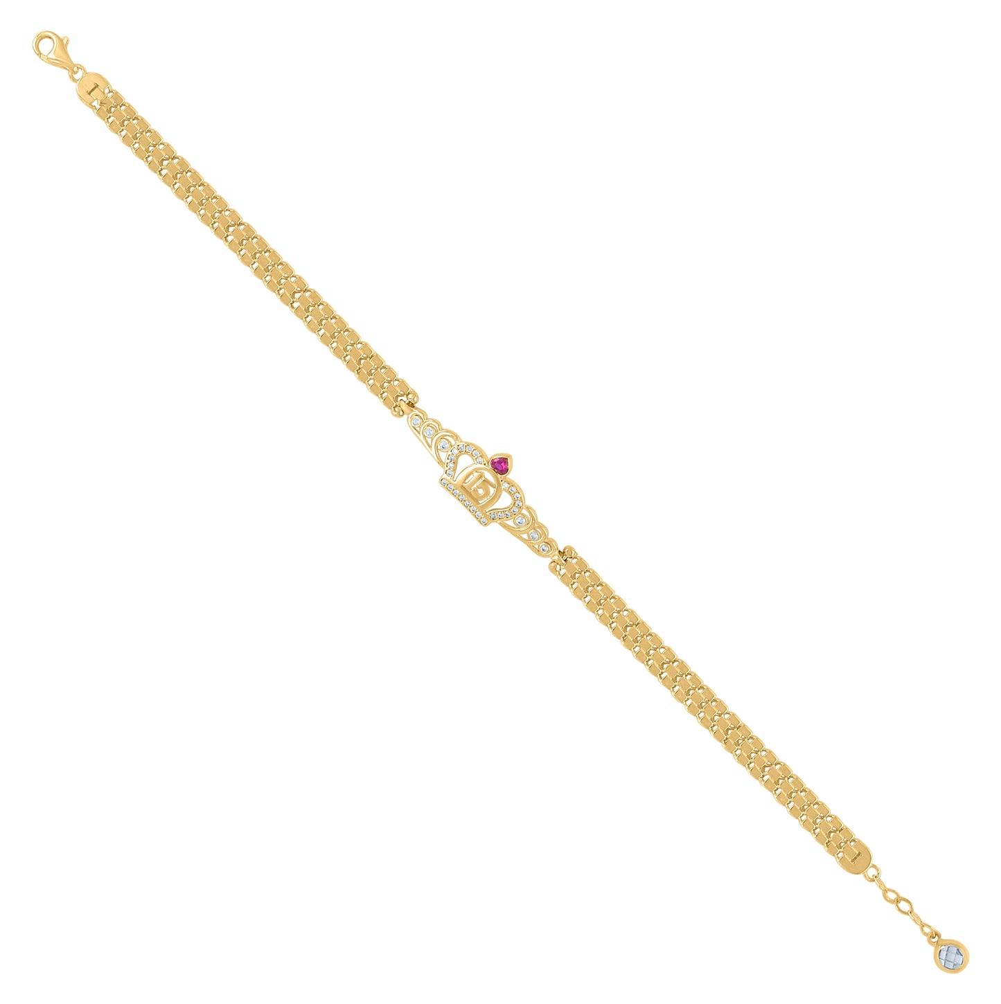 10K Yellow Gold Womens Pink White Cubic-Zirconia Sweet 15 Anos Quinceanera Crown Charm Bracelet Size 8 Inches