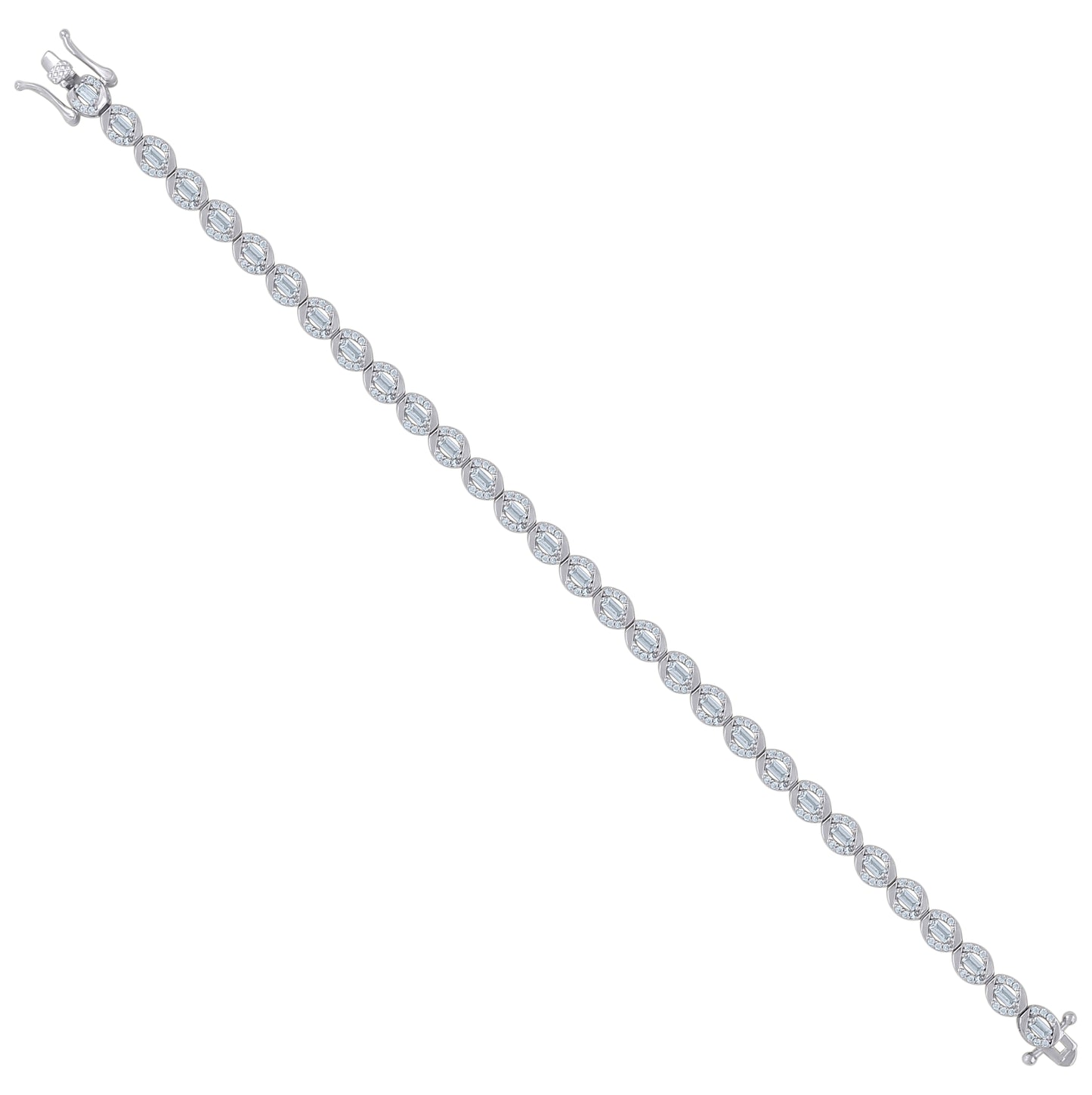 Sterling Silver Womens Baguette Round Cubic-Zirconia Fashion Link Bracelet Size 7 Inches
