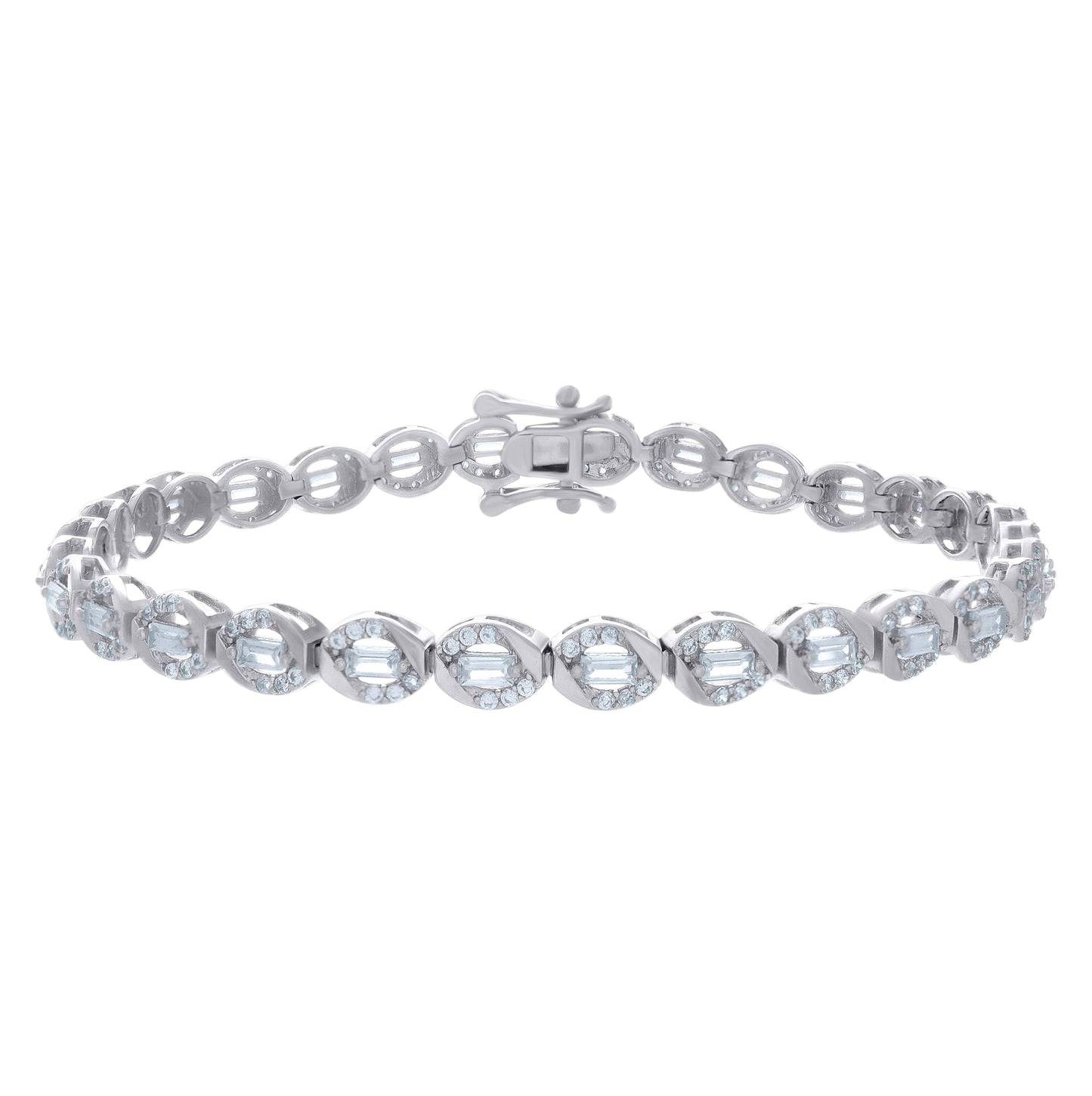 Sterling Silver Womens Baguette Round Cubic-Zirconia Fashion Link Bracelet Size 7 Inches