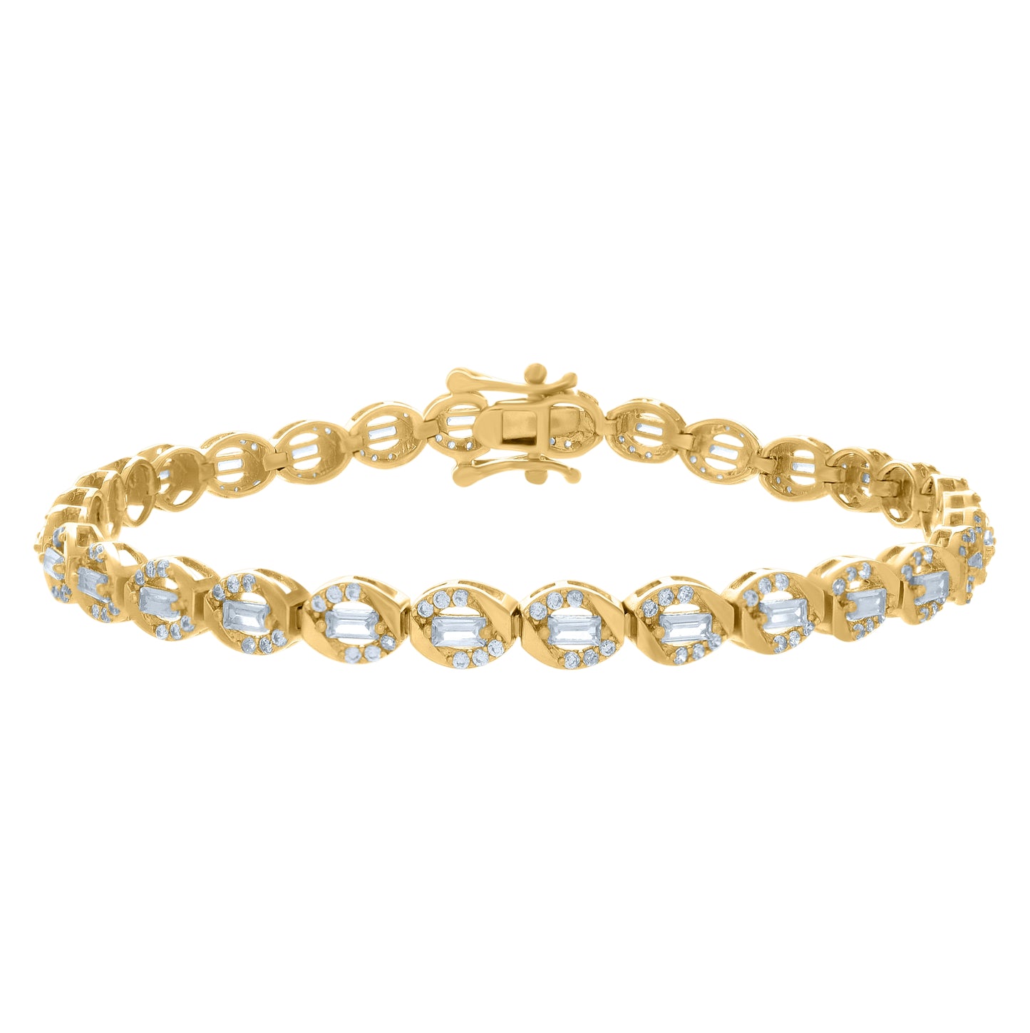 Sterling Silver Womens Baguette Round Cubic-Zirconia Fashion Link Bracelet Size 7 Inches