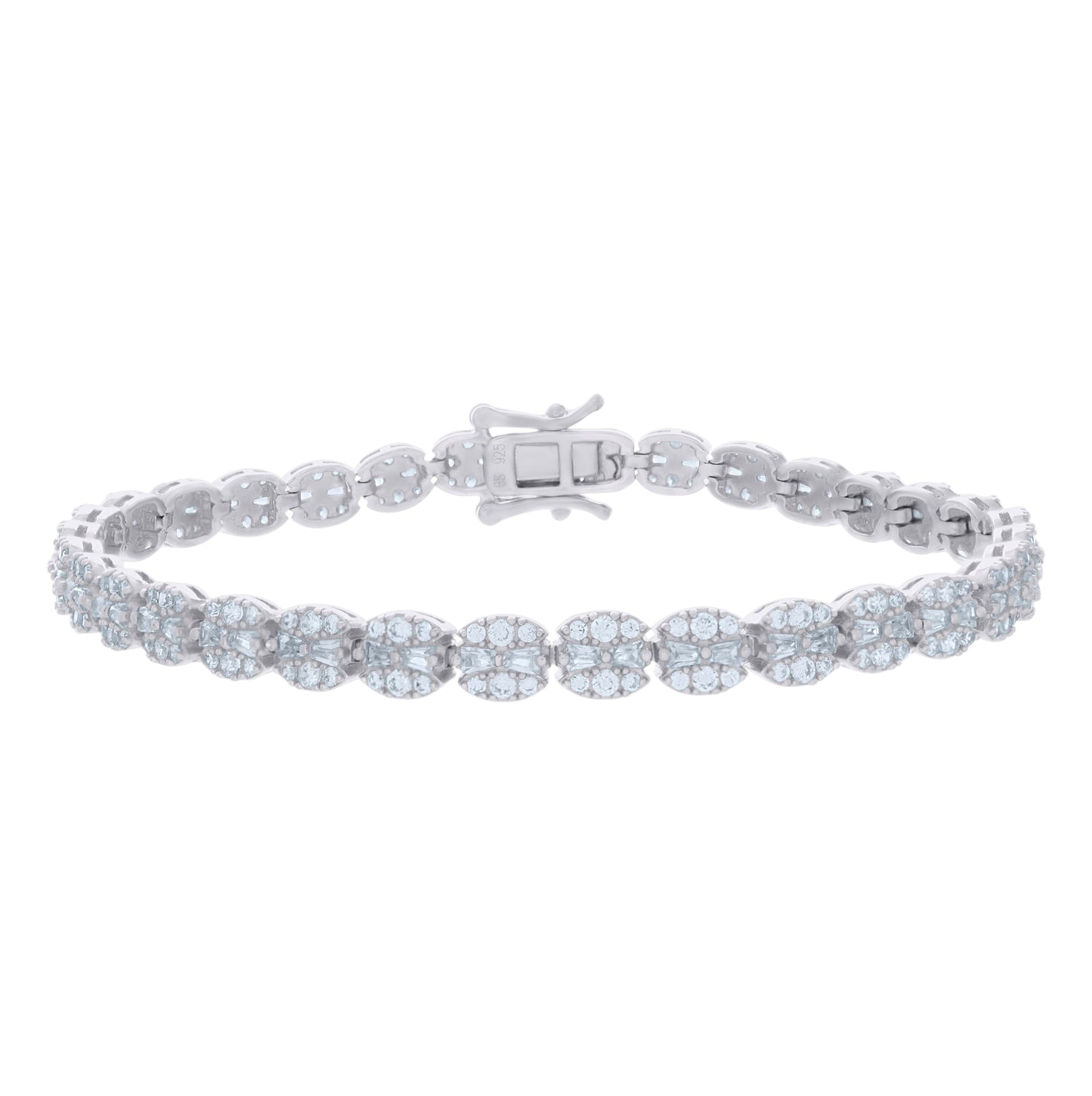 Sterling Silver Womens Baguette Round Cubic-Zirconia Fashion Link Bracelet Size 7 Inches