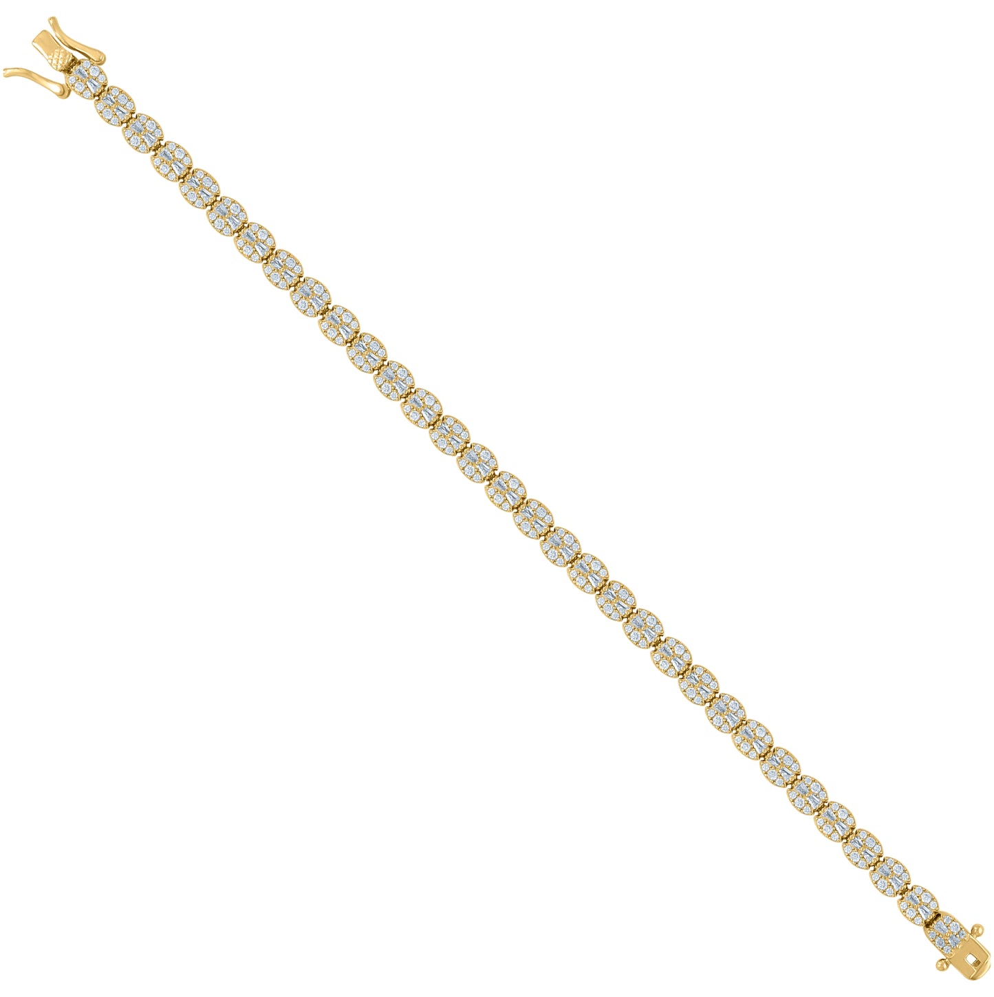 Sterling Silver Womens Baguette Round Cubic-Zirconia Fashion Link Bracelet Size 7 Inches