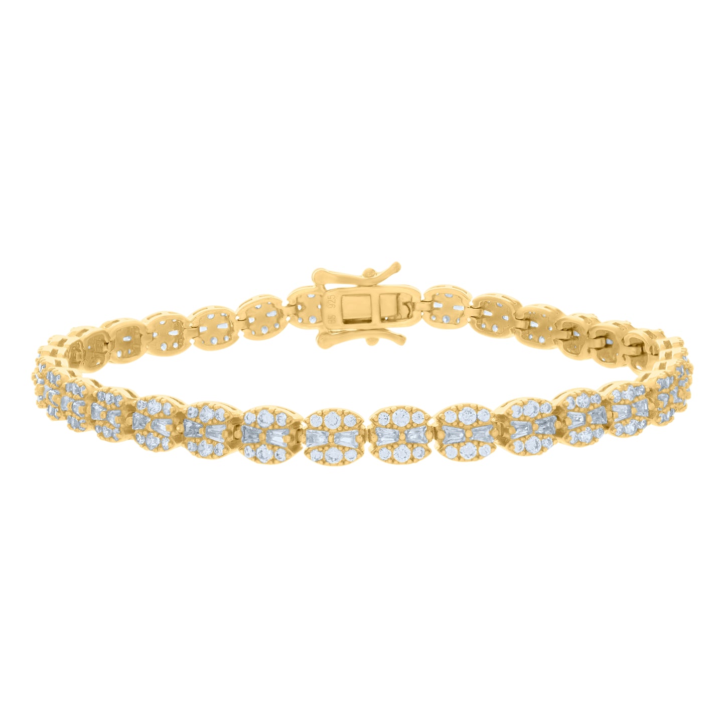 Sterling Silver Womens Baguette Round Cubic-Zirconia Fashion Link Bracelet Size 7 Inches