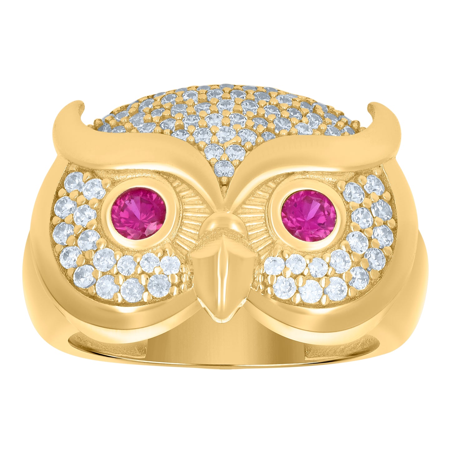 10K Yellow Gold Mens Pink White Cubic-Zirconia Owl Bird Wildlife Ring
