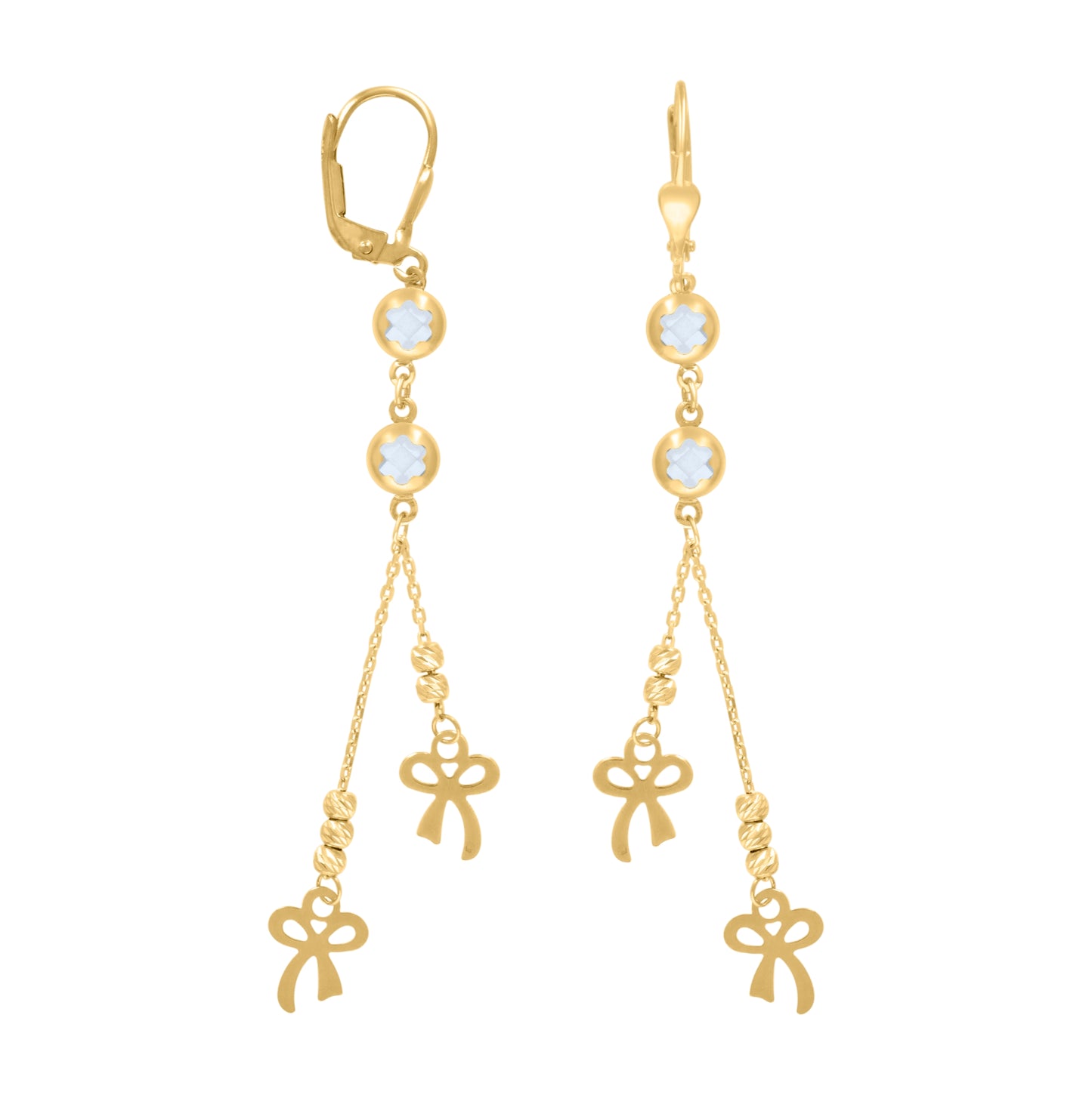 10K Yellow Gold Womens Cubic-Zirconia Bow Beaded Dangle Leverback Earrings