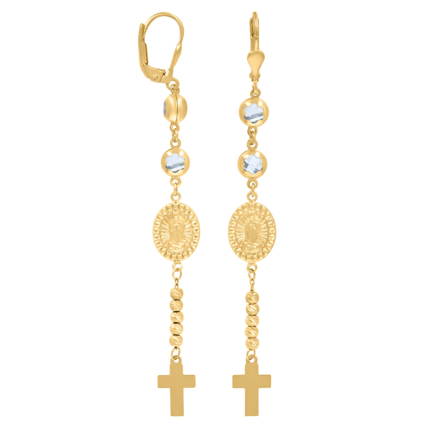 10K Yellow Gold Womens Cubic-Zirconia Rosary Religious Beaded Dangle Leverback Earrings