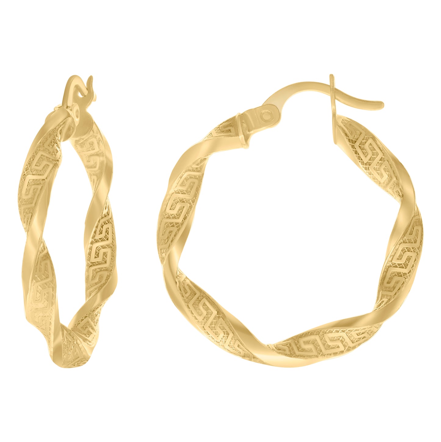 14K Yellow Gold Womens Greek Key Twisted Hoop Earrings