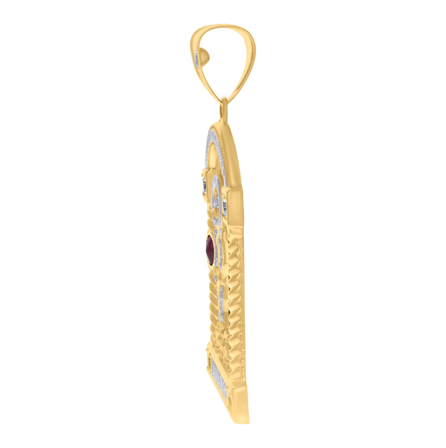 10K Two-tone Gold Mens Red White Oval Round Cubic-Zirconia St. Lazarus Religious Charm Pendant