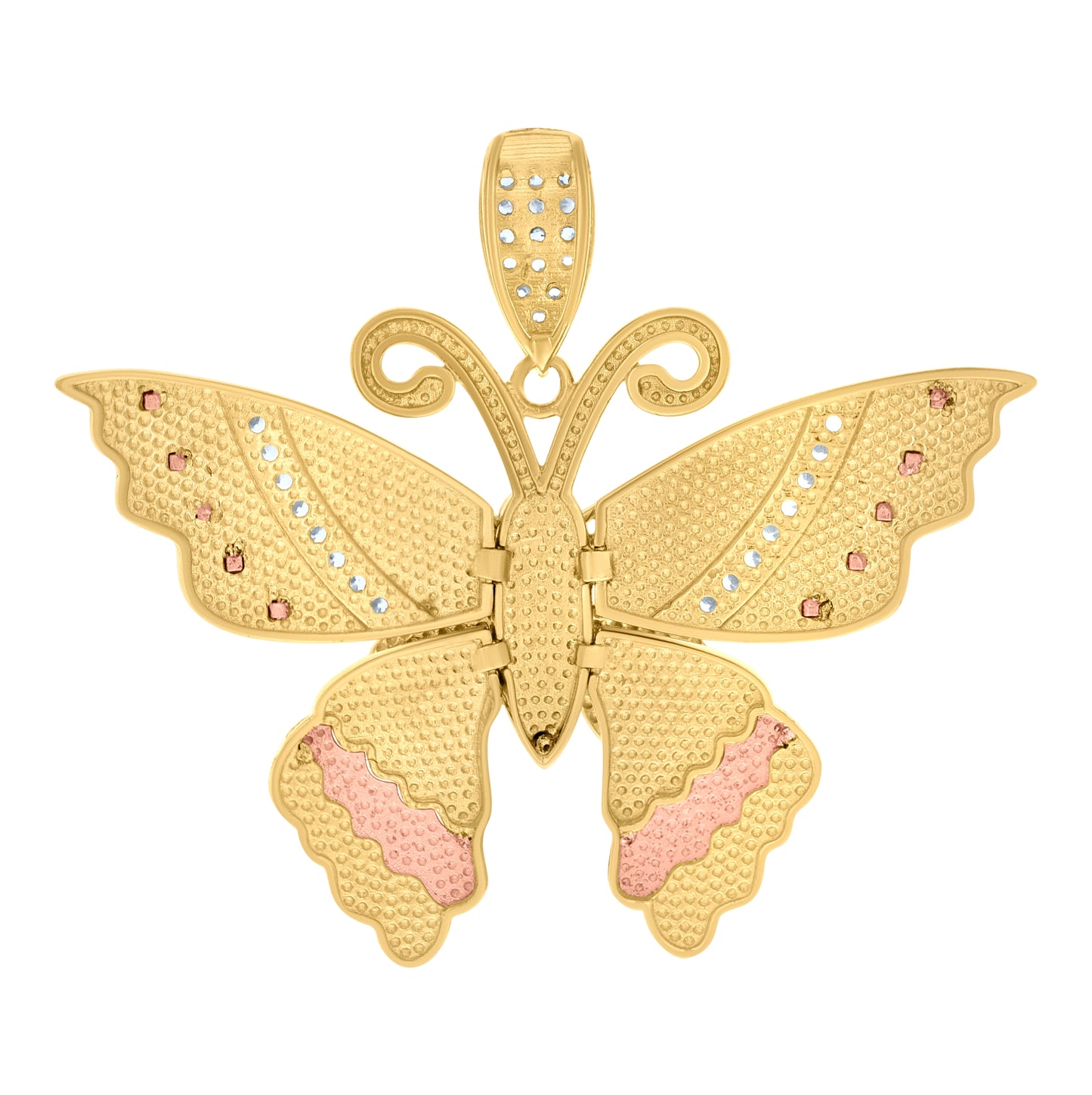10K Tri-Color Gold Womens Cubic-Zirconia Butterfly Fashion Charm Pendant