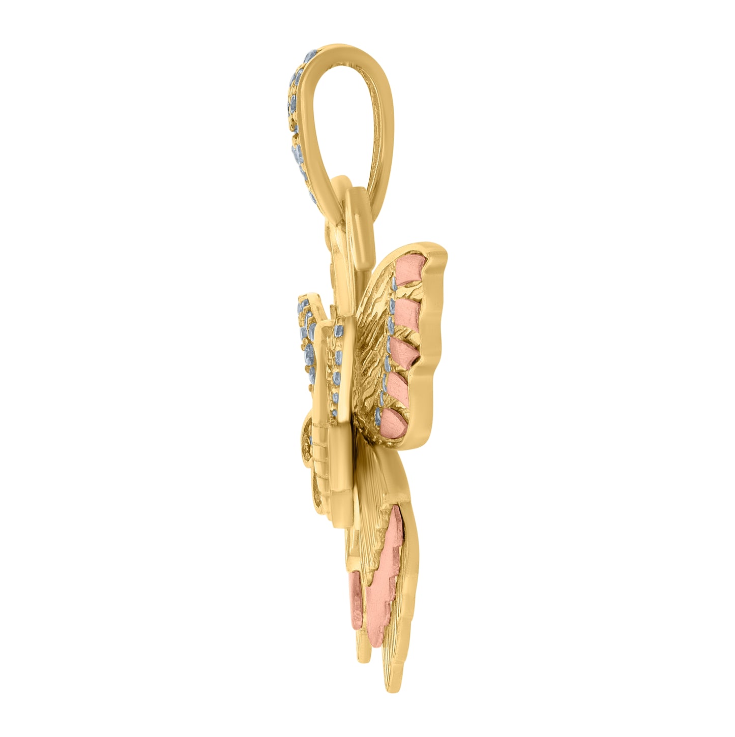 10K Tri-Color Gold Womens Cubic-Zirconia Butterfly Fashion Charm Pendant