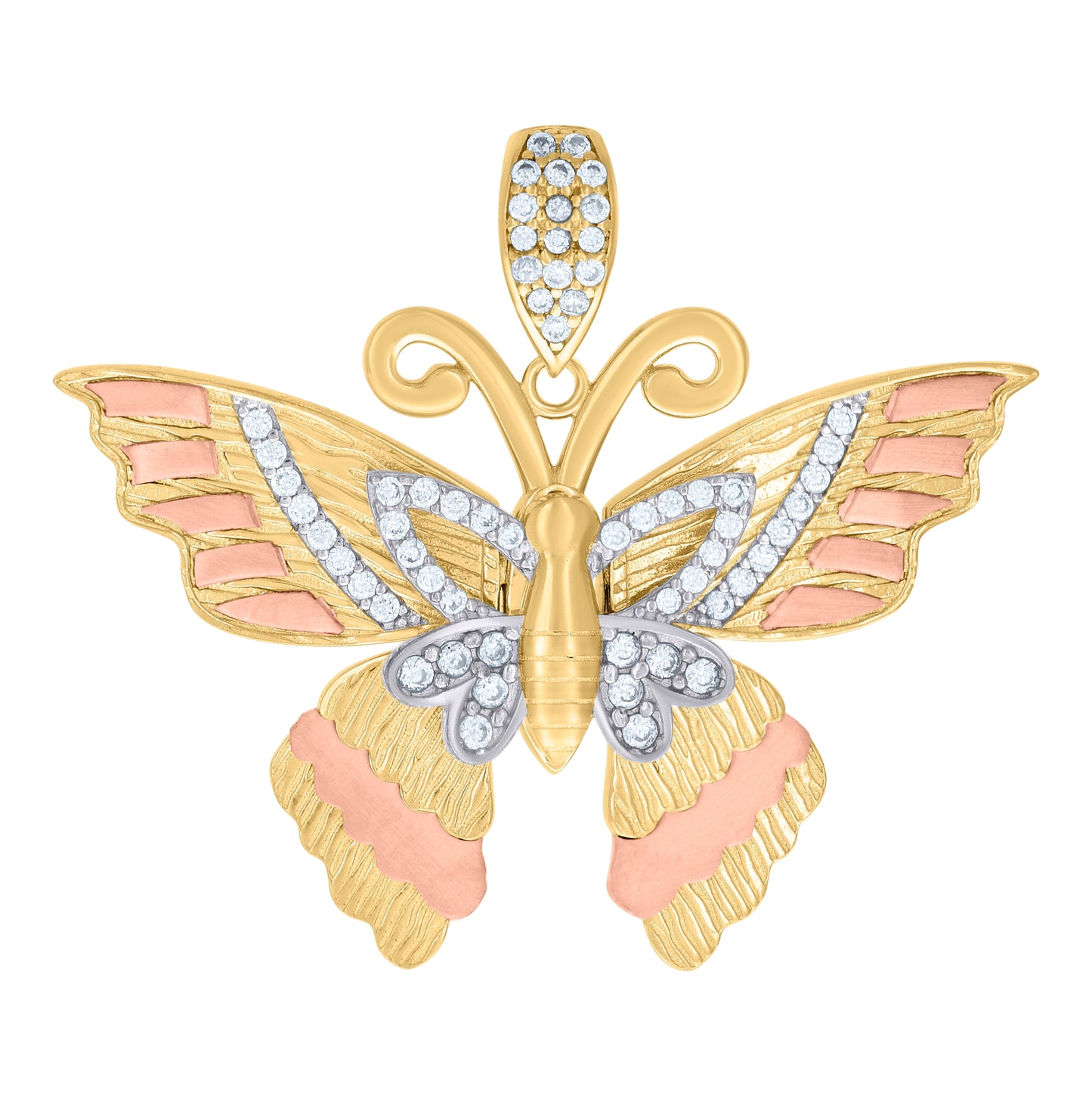 10K Tri-Color Gold Womens Cubic-Zirconia Butterfly Fashion Charm Pendant