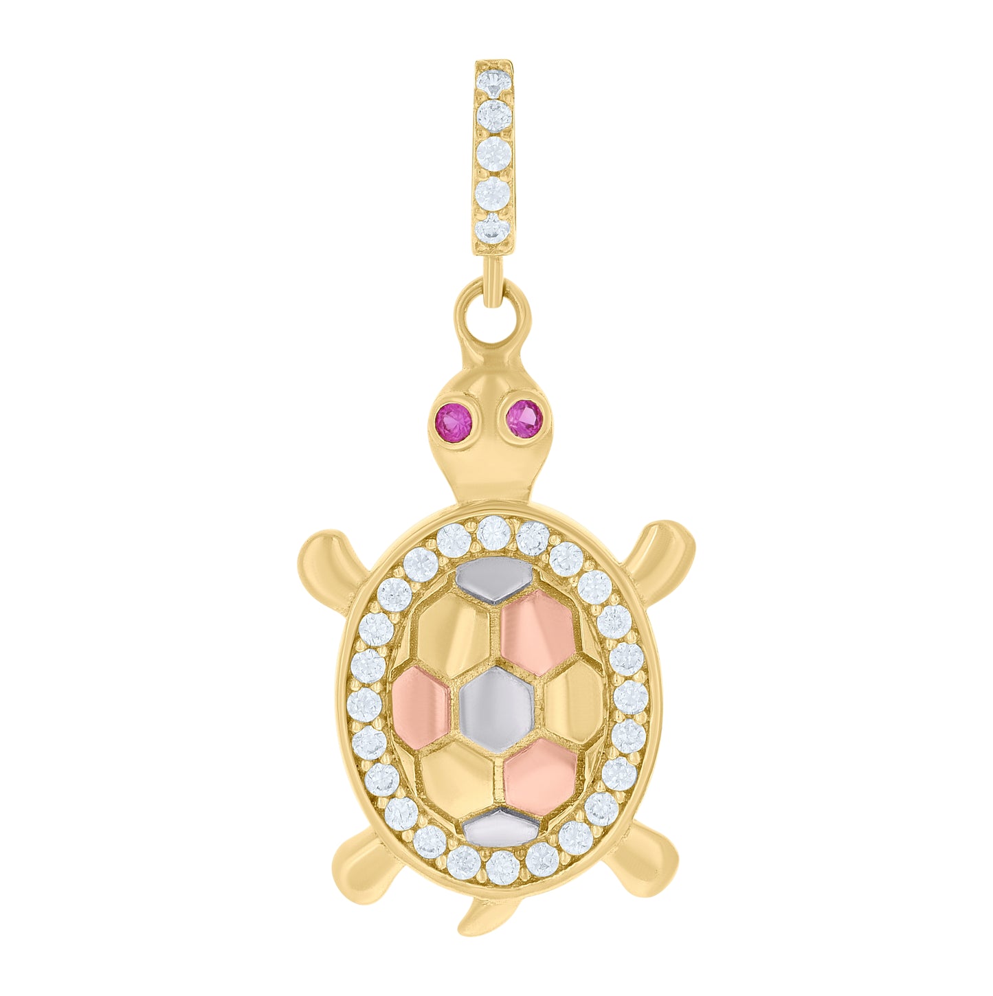 10K Tri-Color Gold Womens Pink White Cubic-Zirconia Tortoise Ocean Charm Pendant