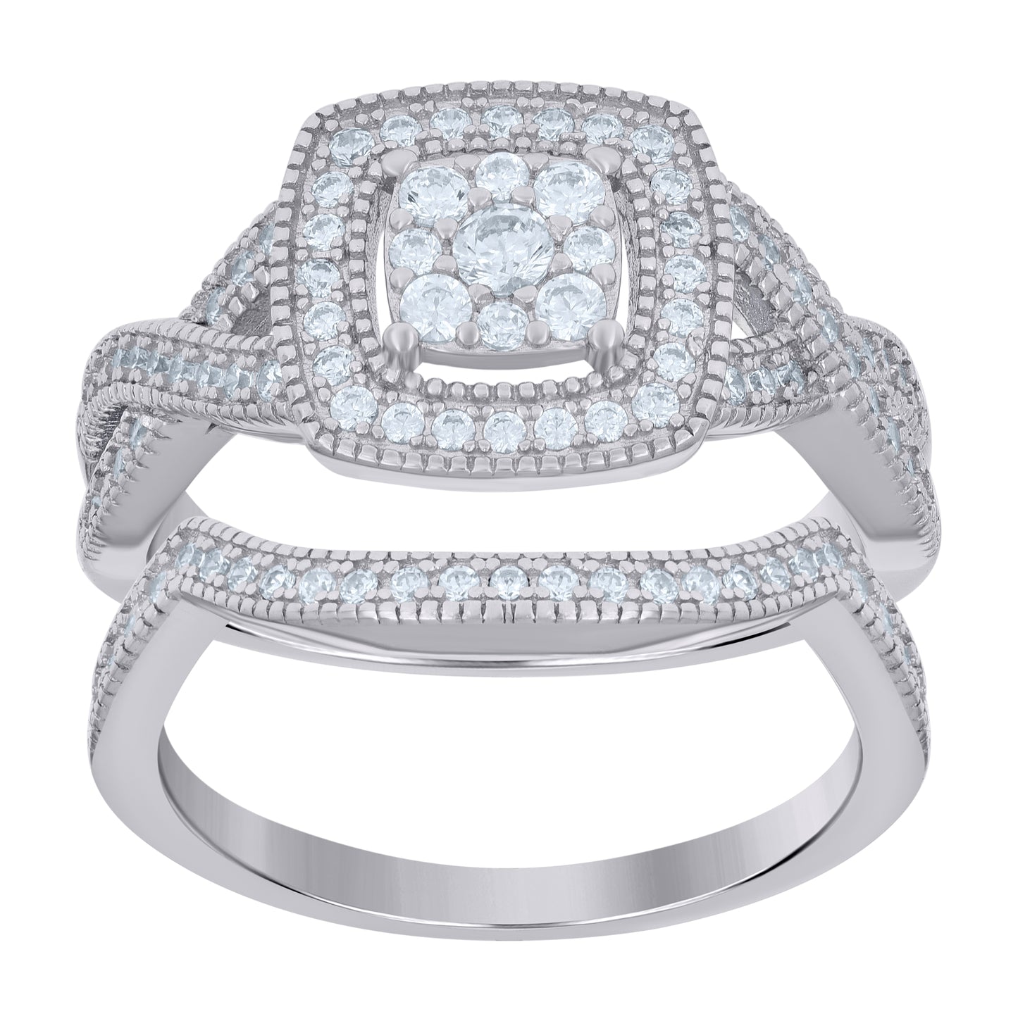 Sterling Silver Womens Cubic-Zirconia Duo Bridal Anniversary Wedding Engagement Band Ring Set Bridal Anniversary Wedding Engagement Band Ring