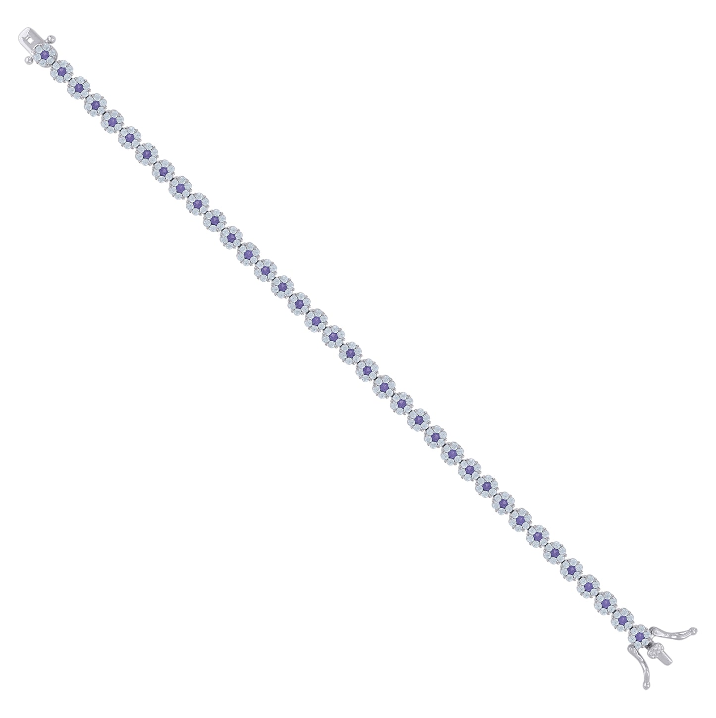 Sterling Silver Womens Cubic-Zirconia Flower Link Fashion Bracelet Size 7 Inches