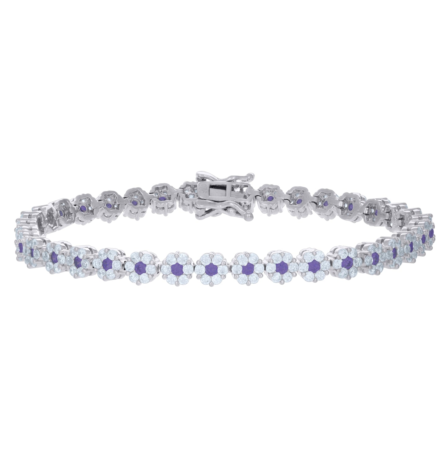 Sterling Silver Womens Cubic-Zirconia Flower Link Fashion Bracelet Size 7 Inches