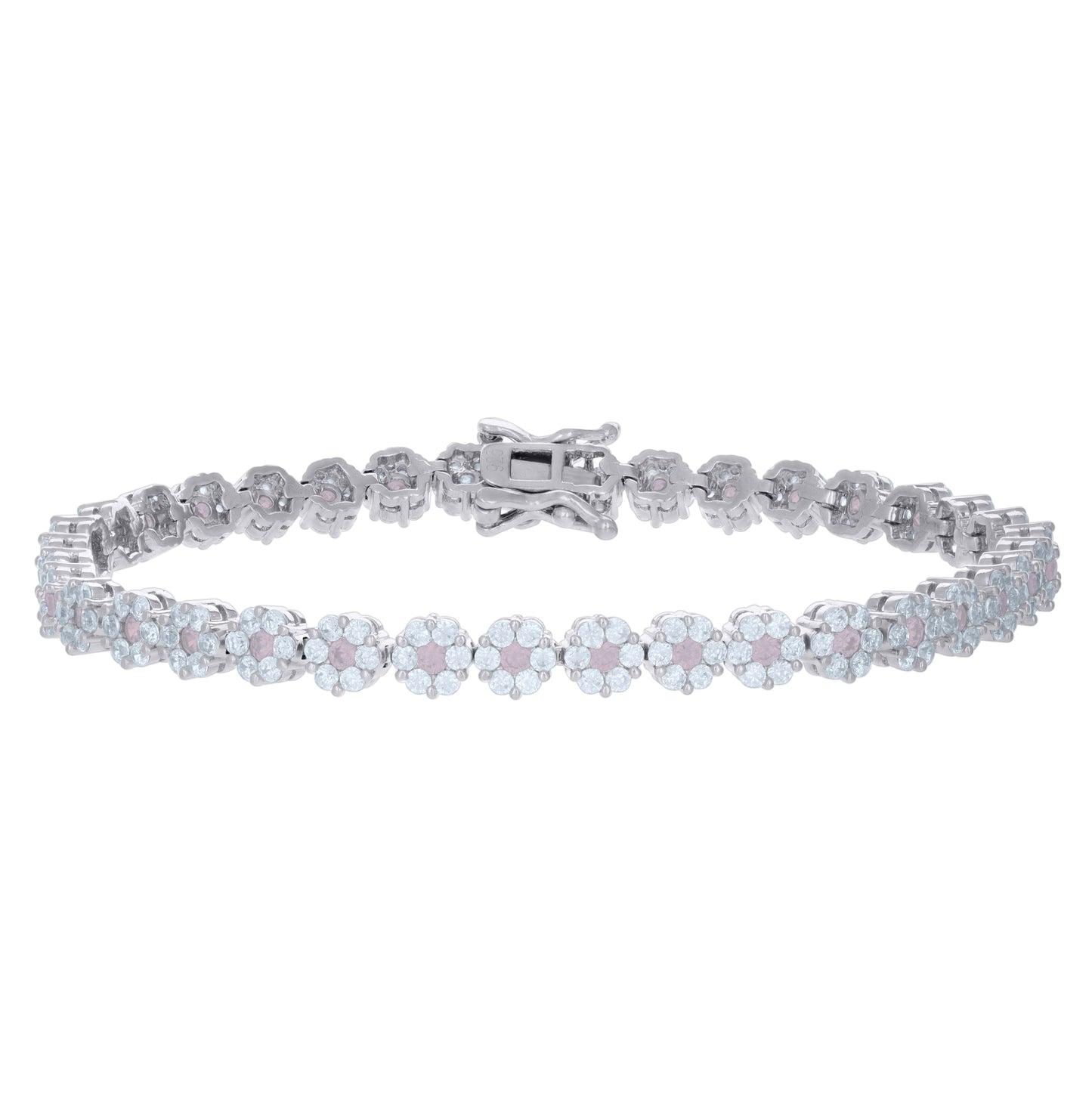Sterling Silver Womens Cubic-Zirconia Flower Link Fashion Bracelet Size 7 Inches