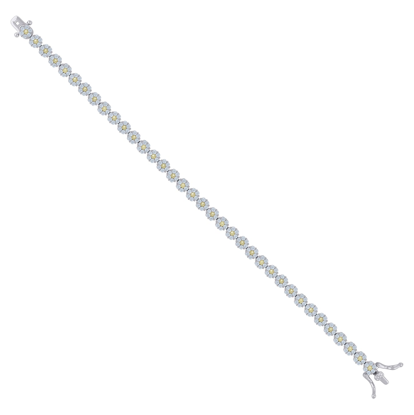 Sterling Silver Womens Cubic-Zirconia Flower Link Fashion Bracelet Size 7 Inches