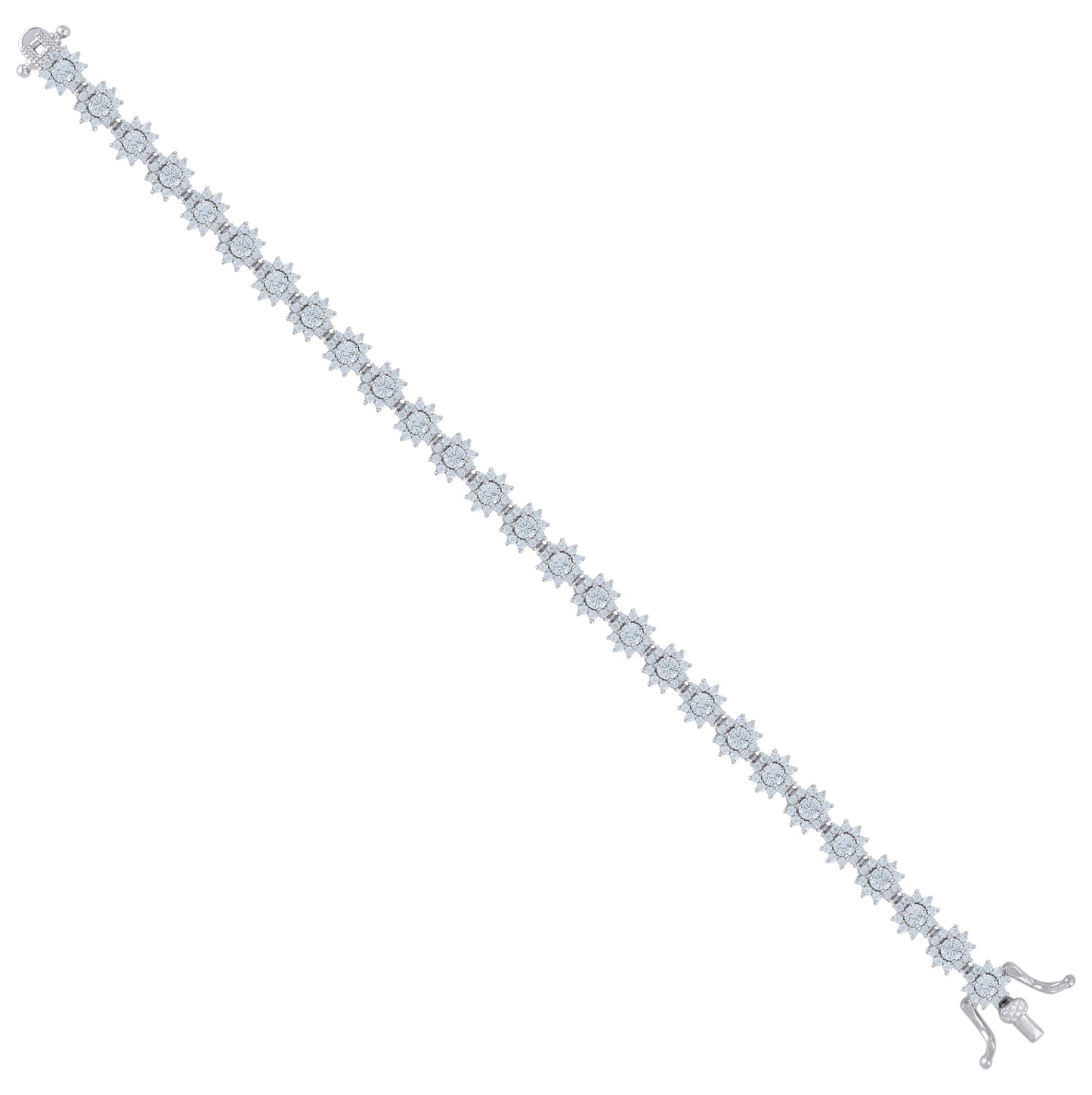 Sterling Silver Womens Cubic-Zirconia Flower Link Fashion Bracelet Size 7 Inches