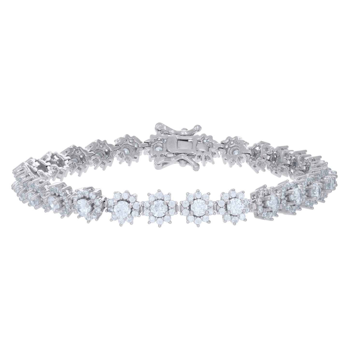 Sterling Silver Womens Cubic-Zirconia Flower Link Fashion Bracelet Size 7 Inches