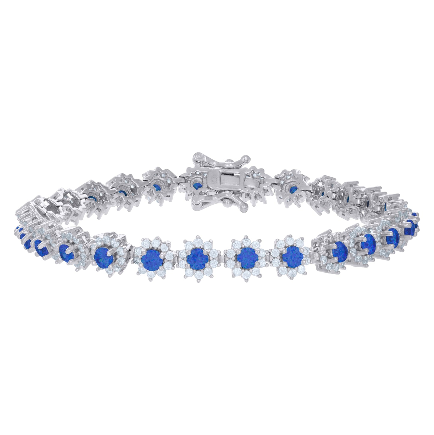 Sterling Silver Womens Cubic-Zirconia Flower Link Fashion Bracelet Size 7 Inches