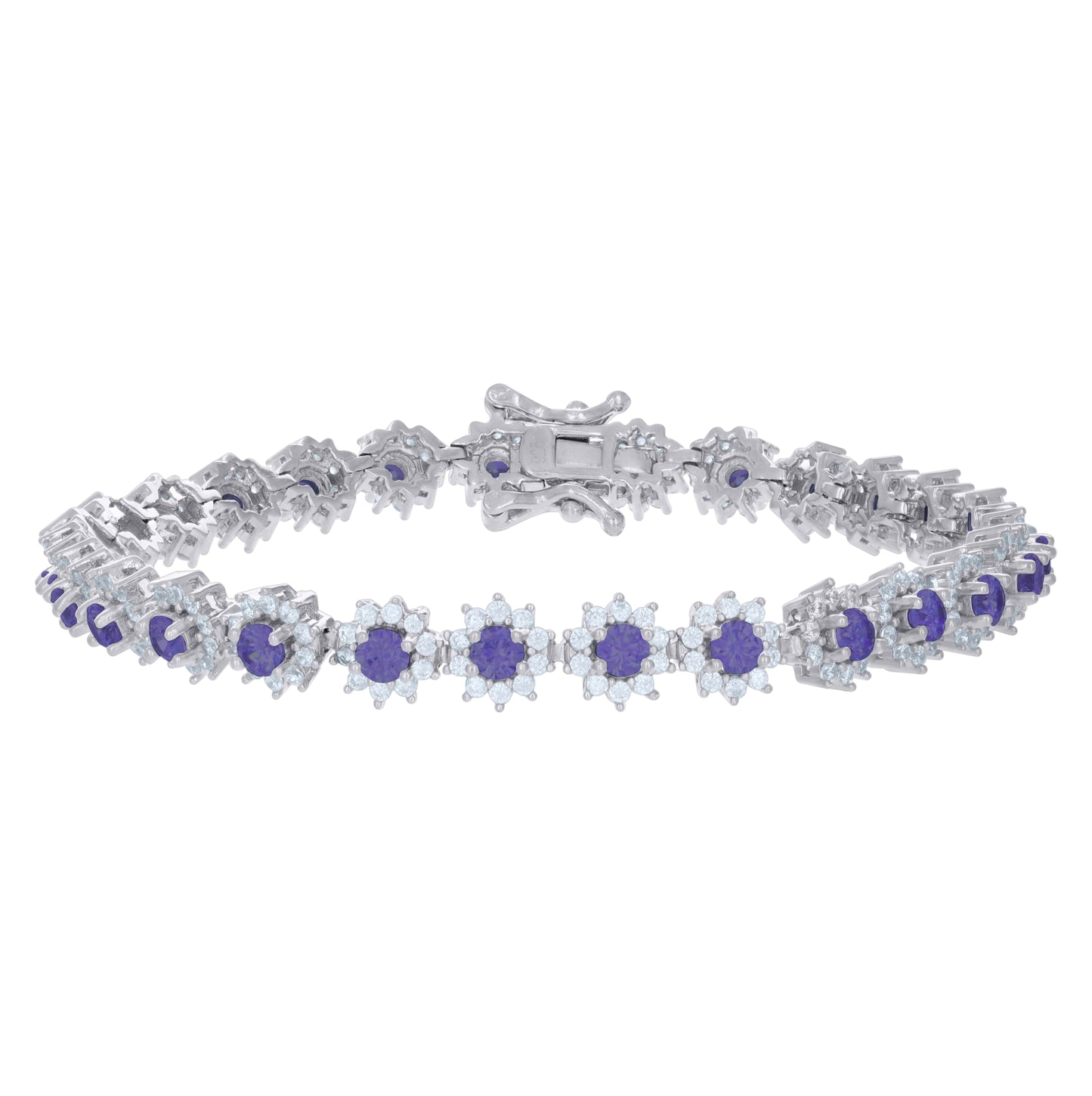 Sterling Silver Womens Cubic-Zirconia Flower Link Fashion Bracelet Size 7 Inches