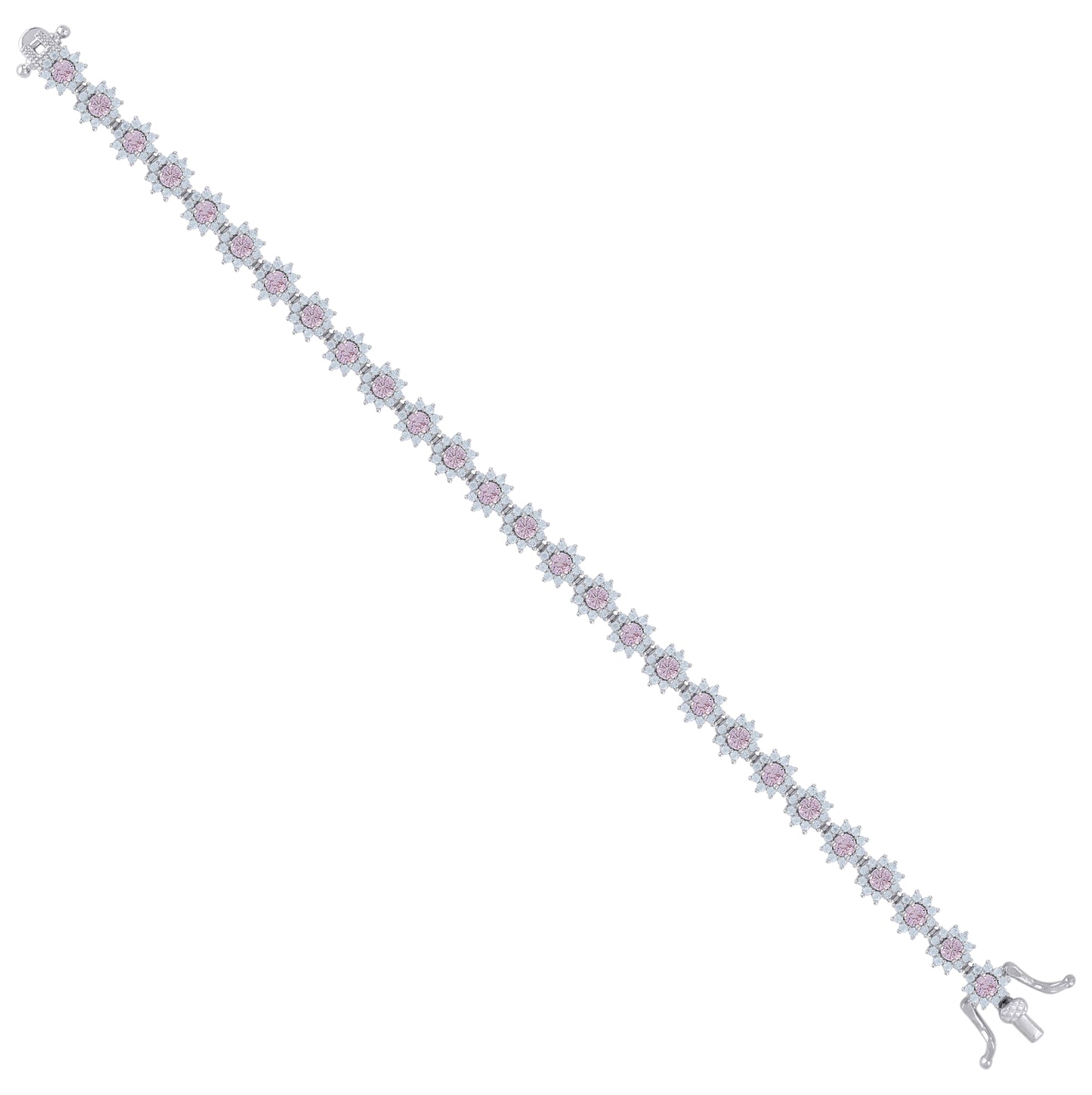 Sterling Silver Womens Cubic-Zirconia Flower Link Fashion Bracelet Size 7 Inches