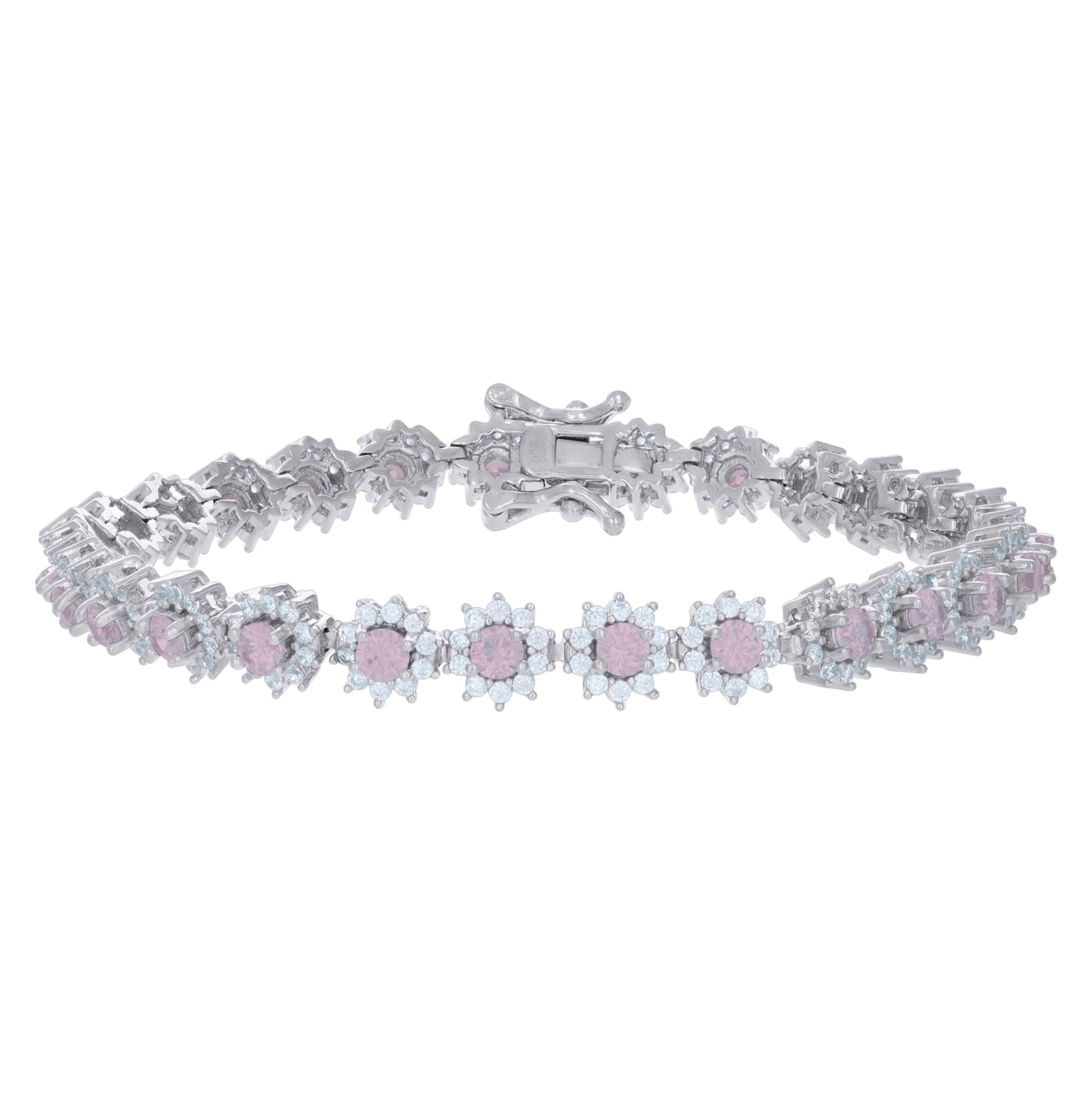 Sterling Silver Womens Cubic-Zirconia Flower Link Fashion Bracelet Size 7 Inches