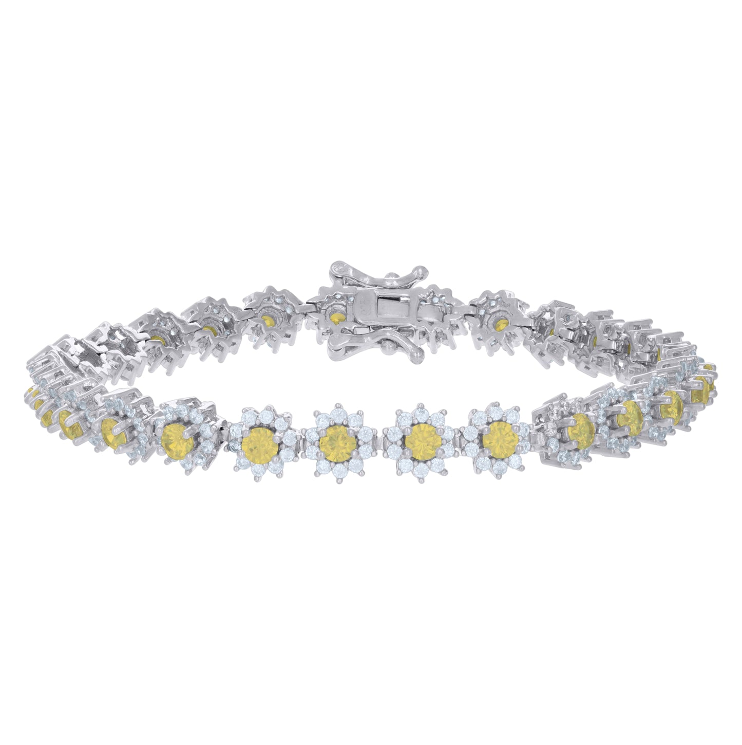 Sterling Silver Womens Cubic-Zirconia Flower Link Fashion Bracelet Size 7 Inches