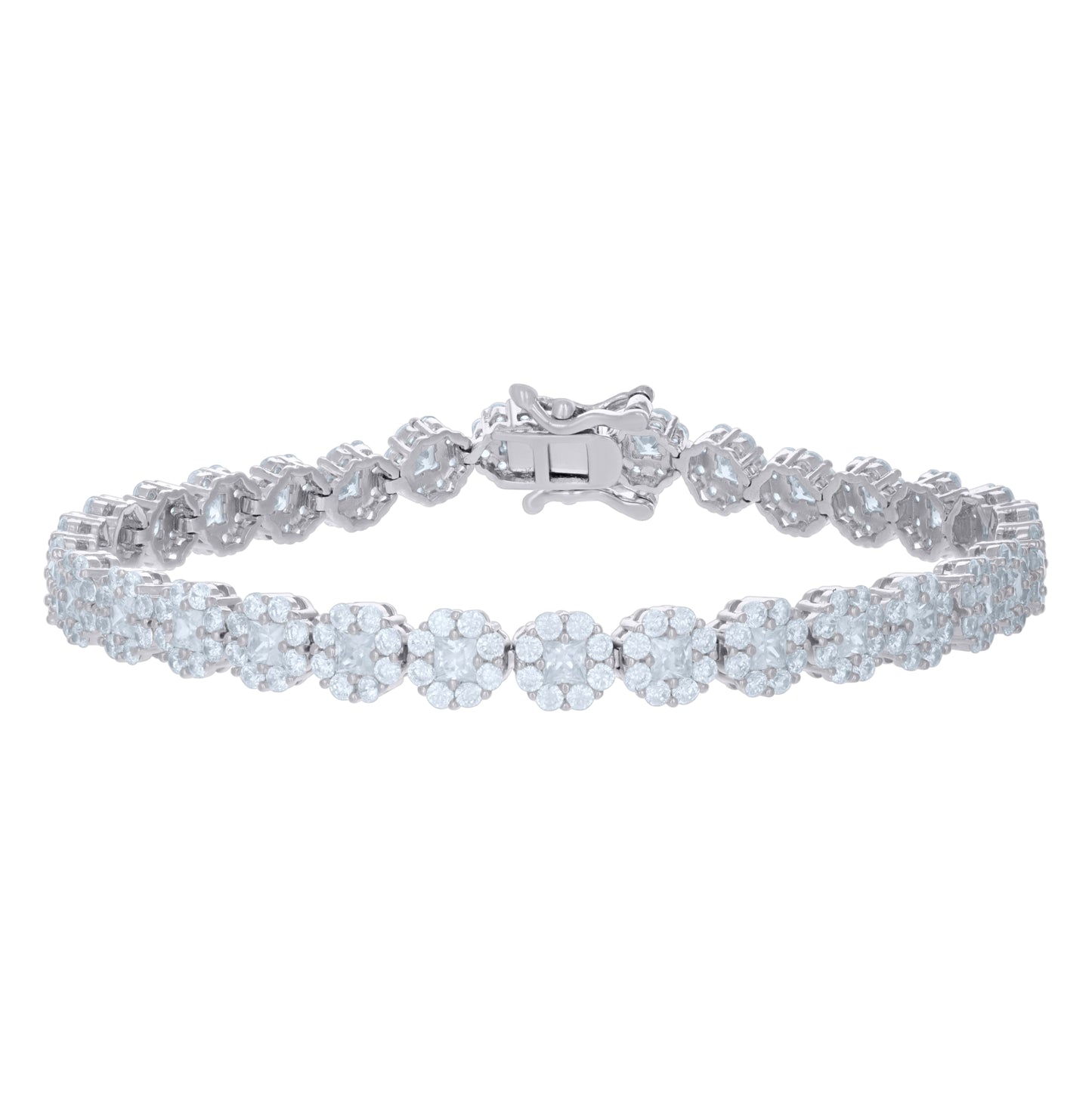 Sterling Silver Womens Cubic-Zirconia Flower Link Bracelet Size 7 Inches