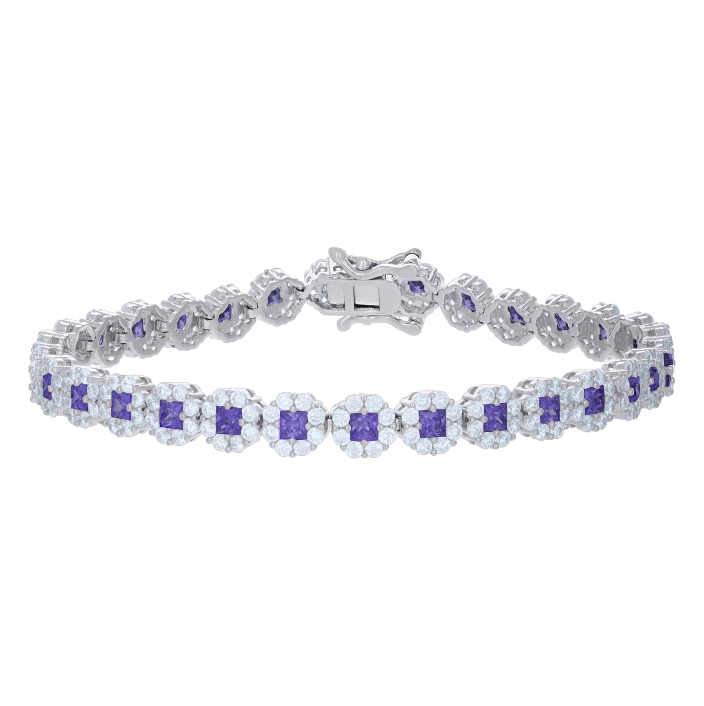 Sterling Silver Womens Cubic-Zirconia Flower Link Bracelet Size 7 Inches