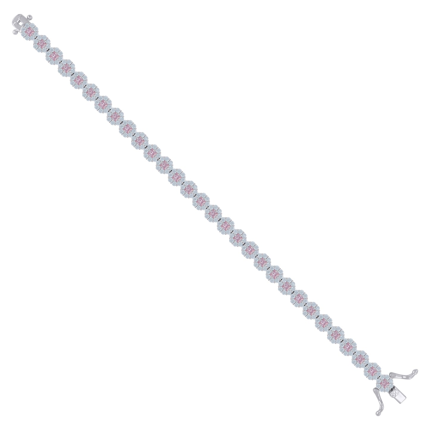 Sterling Silver Womens Cubic-Zirconia Flower Link Bracelet Size 7 Inches