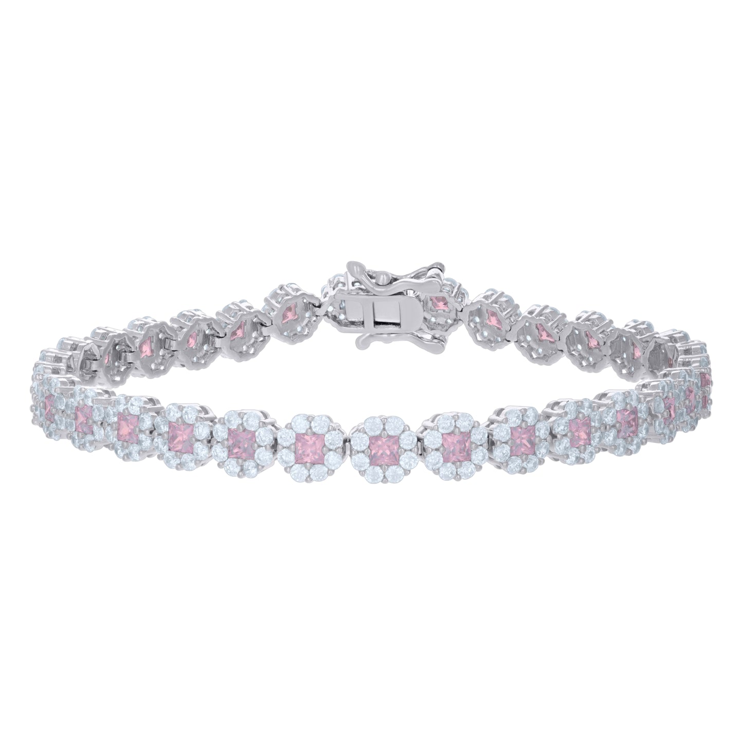 Sterling Silver Womens Cubic-Zirconia Flower Link Bracelet Size 7 Inches