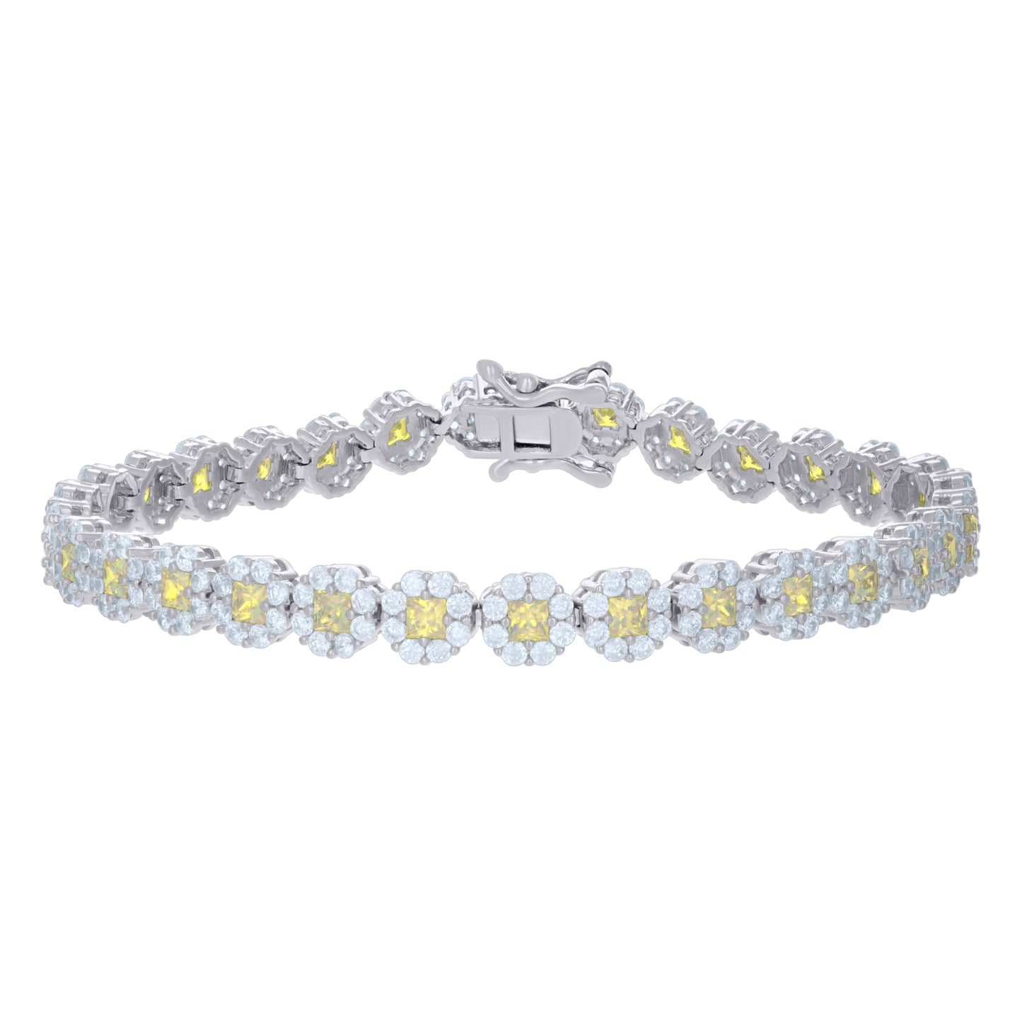 Sterling Silver Womens Cubic-Zirconia Flower Link Bracelet Size 7 Inches