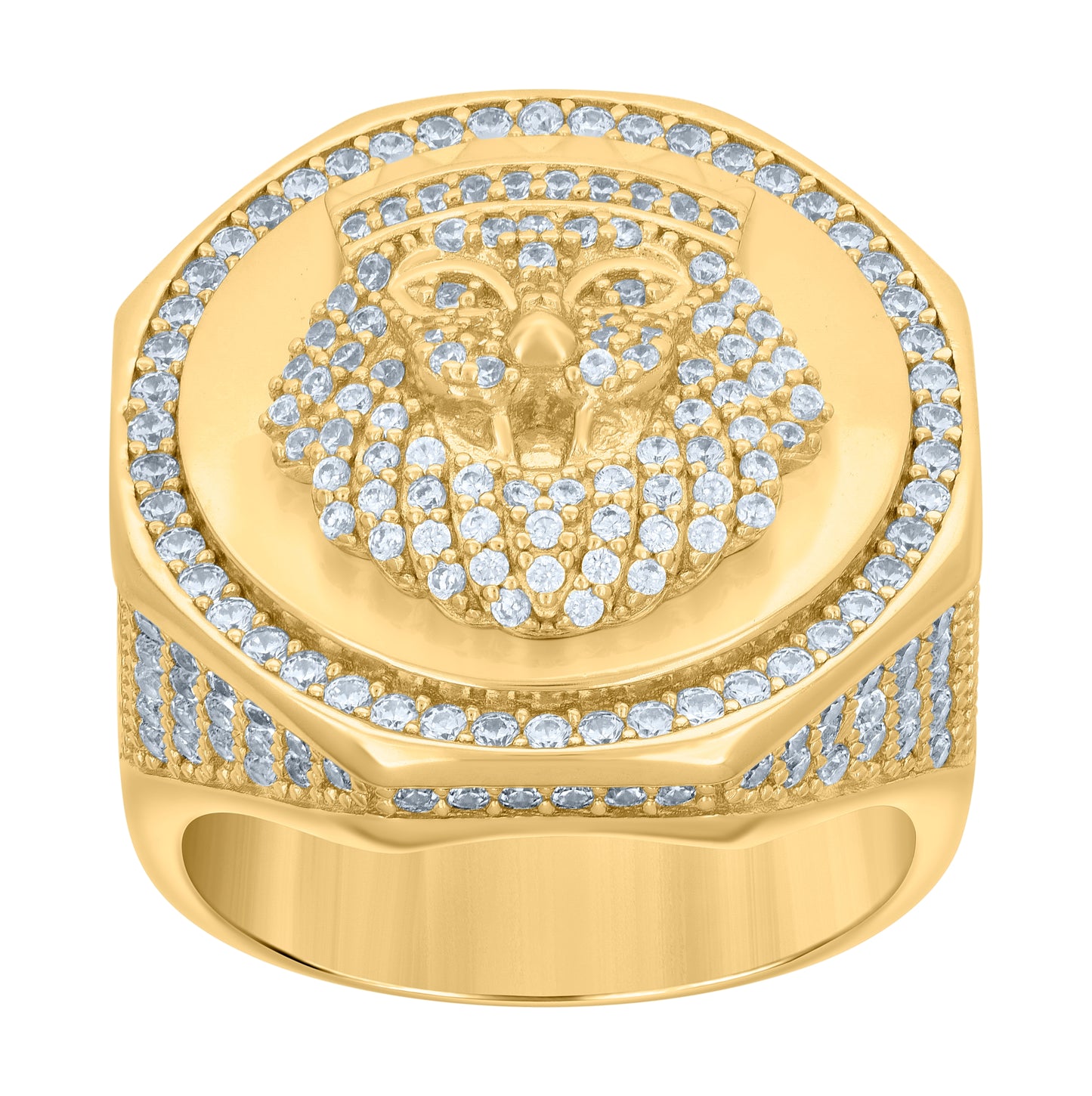 Sterling Silver Yellow-tone Mens Cubic-Zirconia Leo/Lion Animal Zodiac Sign/Wildlife Bridal Anniversary Wedding Engagement Band Ring