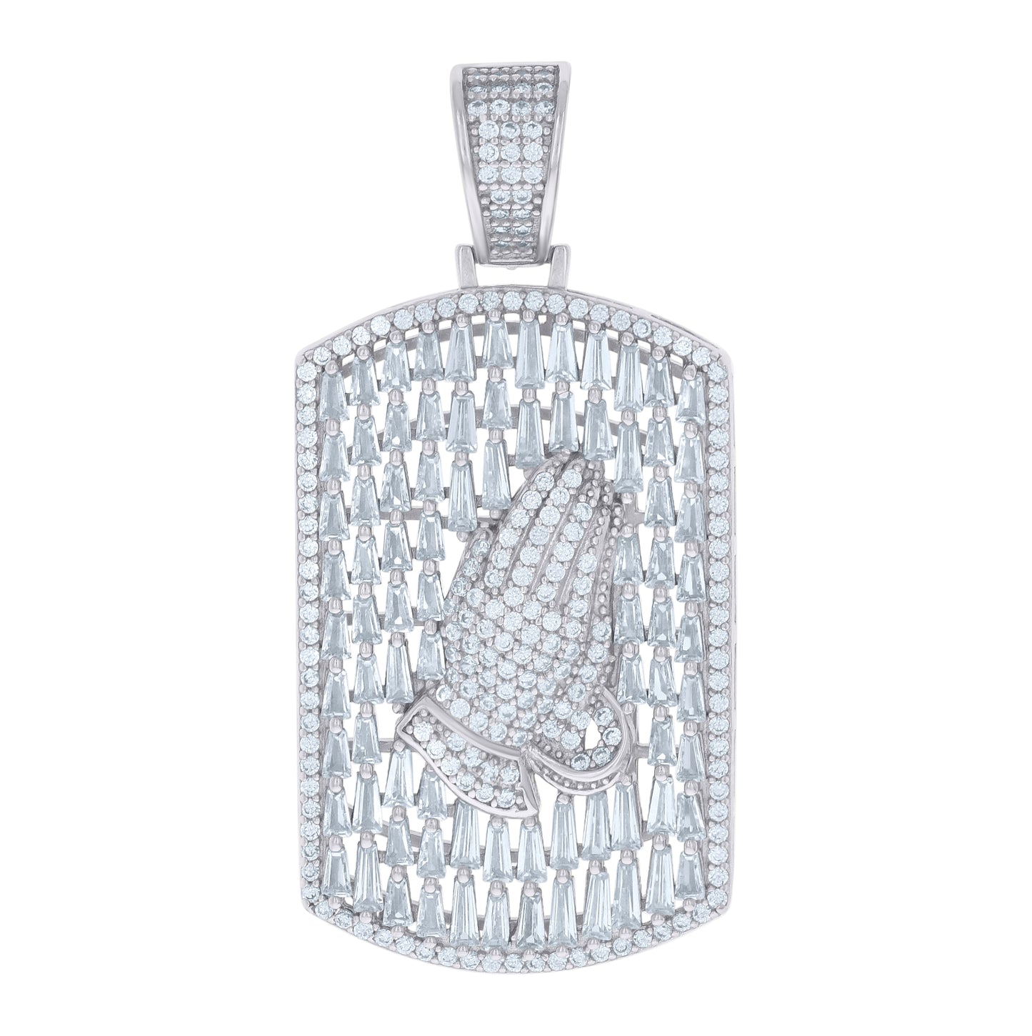 Sterling Silver Mens Baguette Round Cubic-Zirconia Praying Hands Symbol Religious Dogtag Pendant